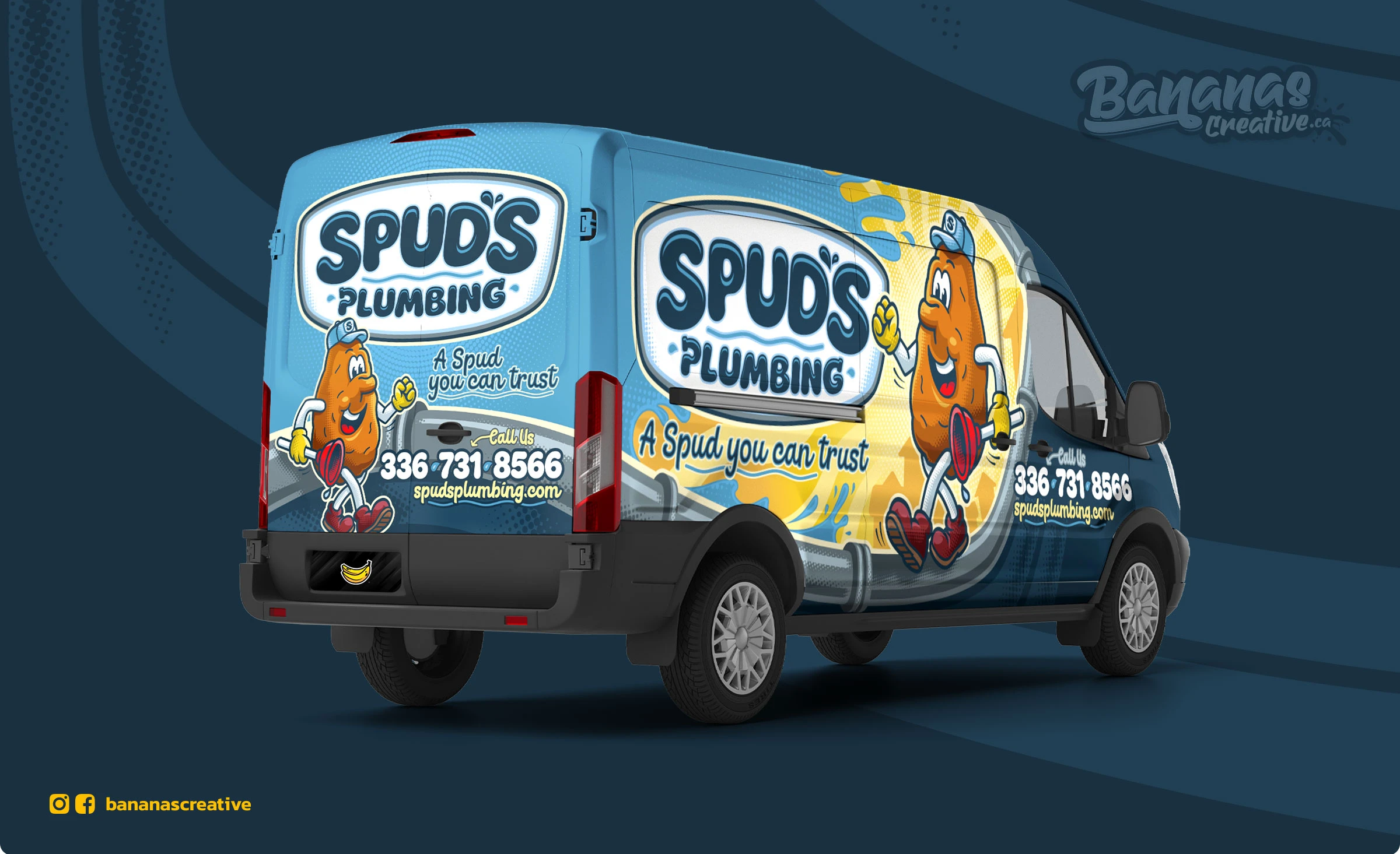Spud's Plumbing plumber van wrap design featuring potato mascot character in retro illustration style, Davidson and Forsyth County NC