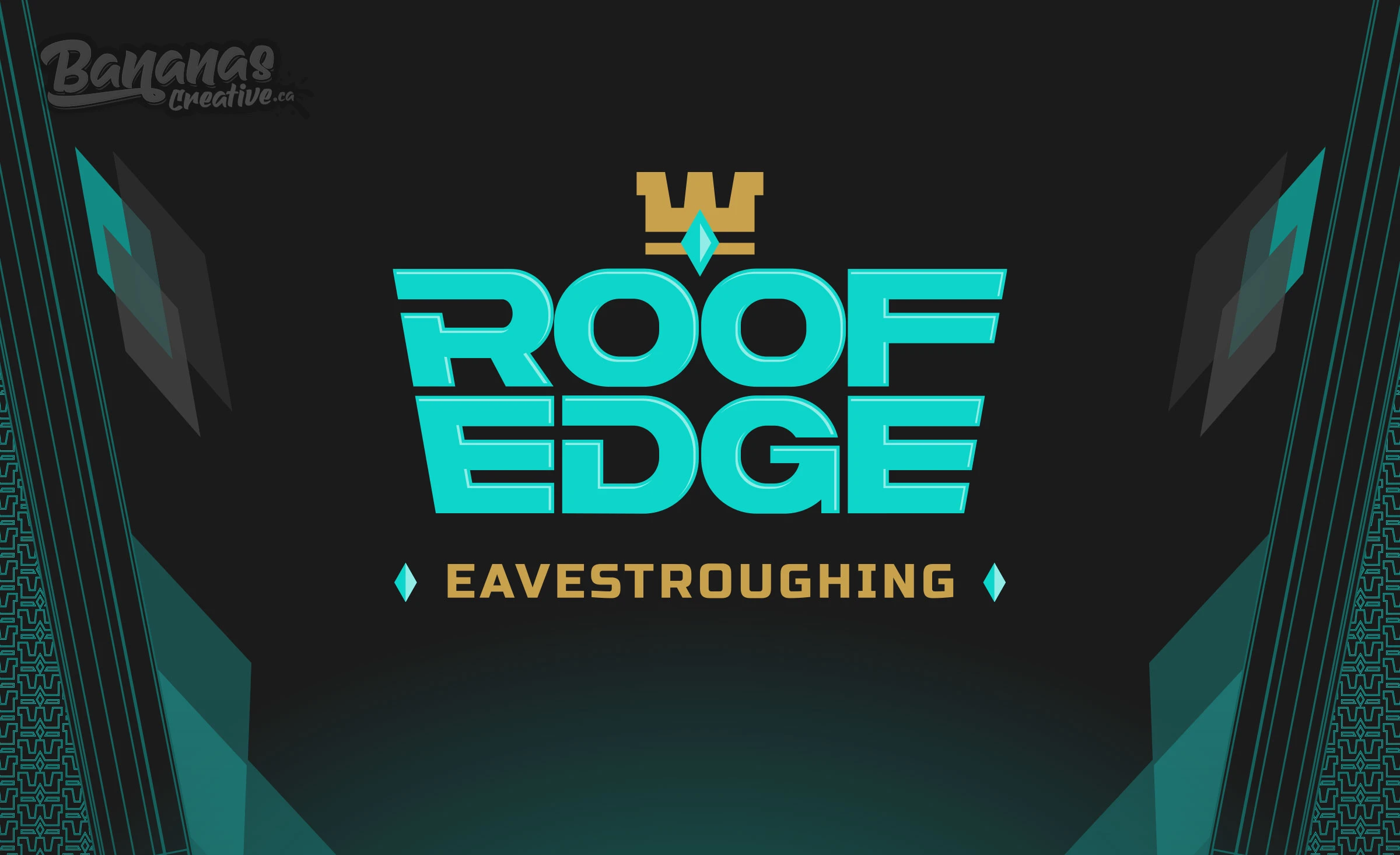 Roof Edge Eavestroughing primary logo featuring The Edge Lion mascot holding a gutter section, rendered in Tiffany Blue and gold on a deep charcoal background, with bold MORNA typography