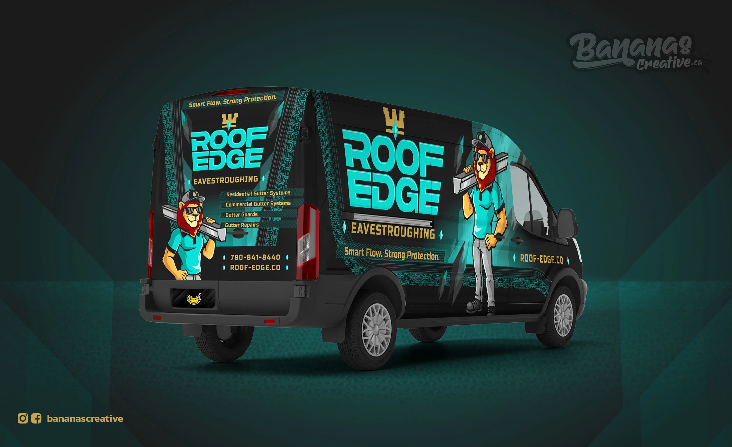 Roof Edge Eavestroughing work van wrap in deep charcoal and Tiffany Blue with The Edge Lion mascot prominently displayed, company name in bold white lettering, and contact details on a clean, high-contrast layout