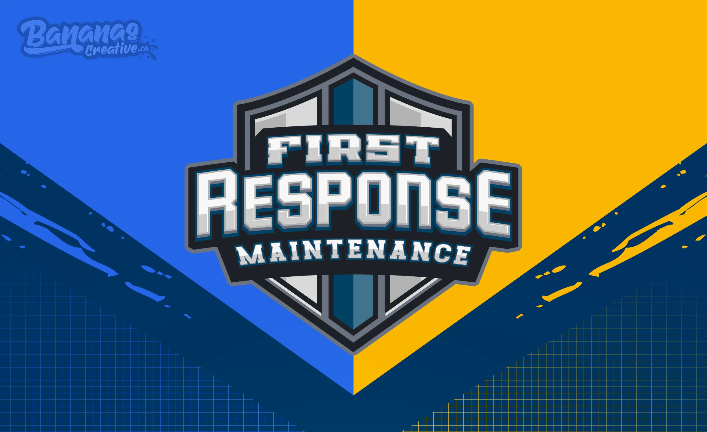 First Response Maintenance shield-shaped primary logo in midnight navy and safety amber, featuring bold condensed typography and a structured heraldic emblem that communicates tactical professionalism