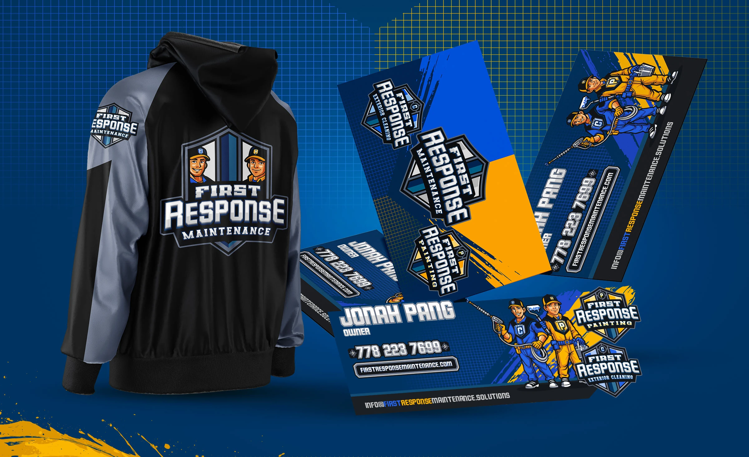Branded merchandise including a midnight navy hoodie, safety amber crew-neck tee, and steel grey cap, each embroidered or printed with the First Response Maintenance unit mark — unified and field-ready