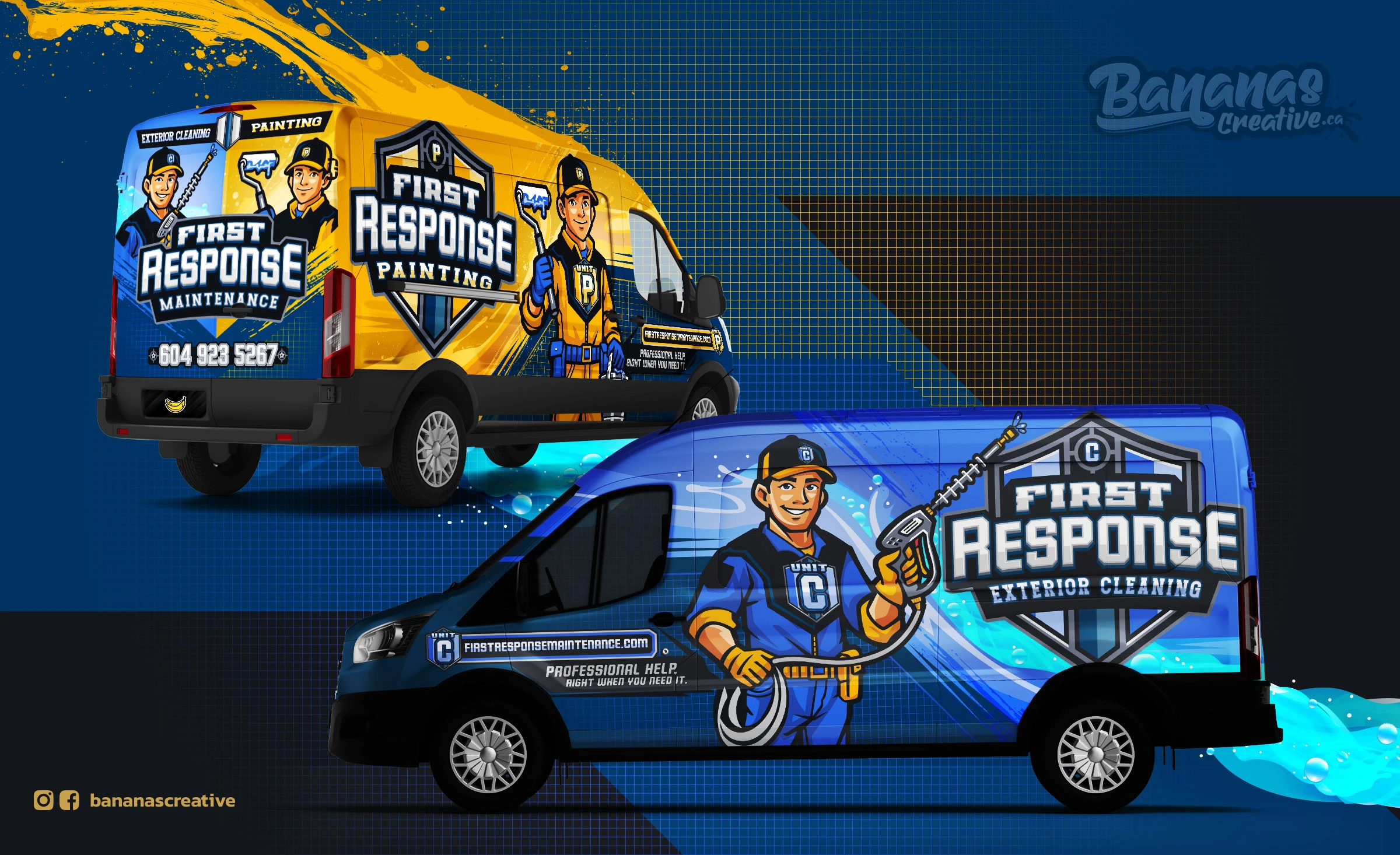 Full vehicle wrap on a white cargo van featuring a confident uniformed technician illustration in professional comic-style, bold unit designations, and a navy-to-graphite colour field that commands attention on Vancouver streets