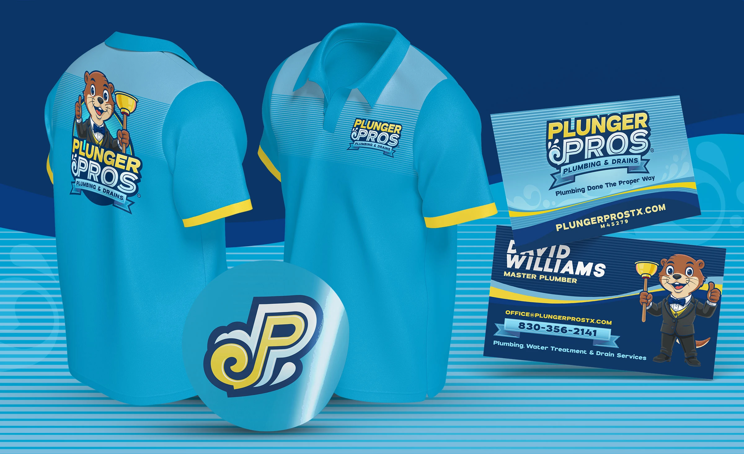 Plunger Pros Plumbing & Drains marketing materials including innovative business cards, stickers and branded apparel designed by Bananas Creative