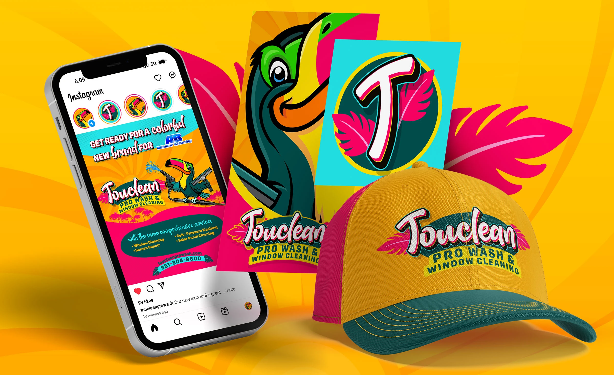 Touclean Pro Wash marketing materials including business cards, flyers, leaf banners, and yard signs designed by Bananas Creative