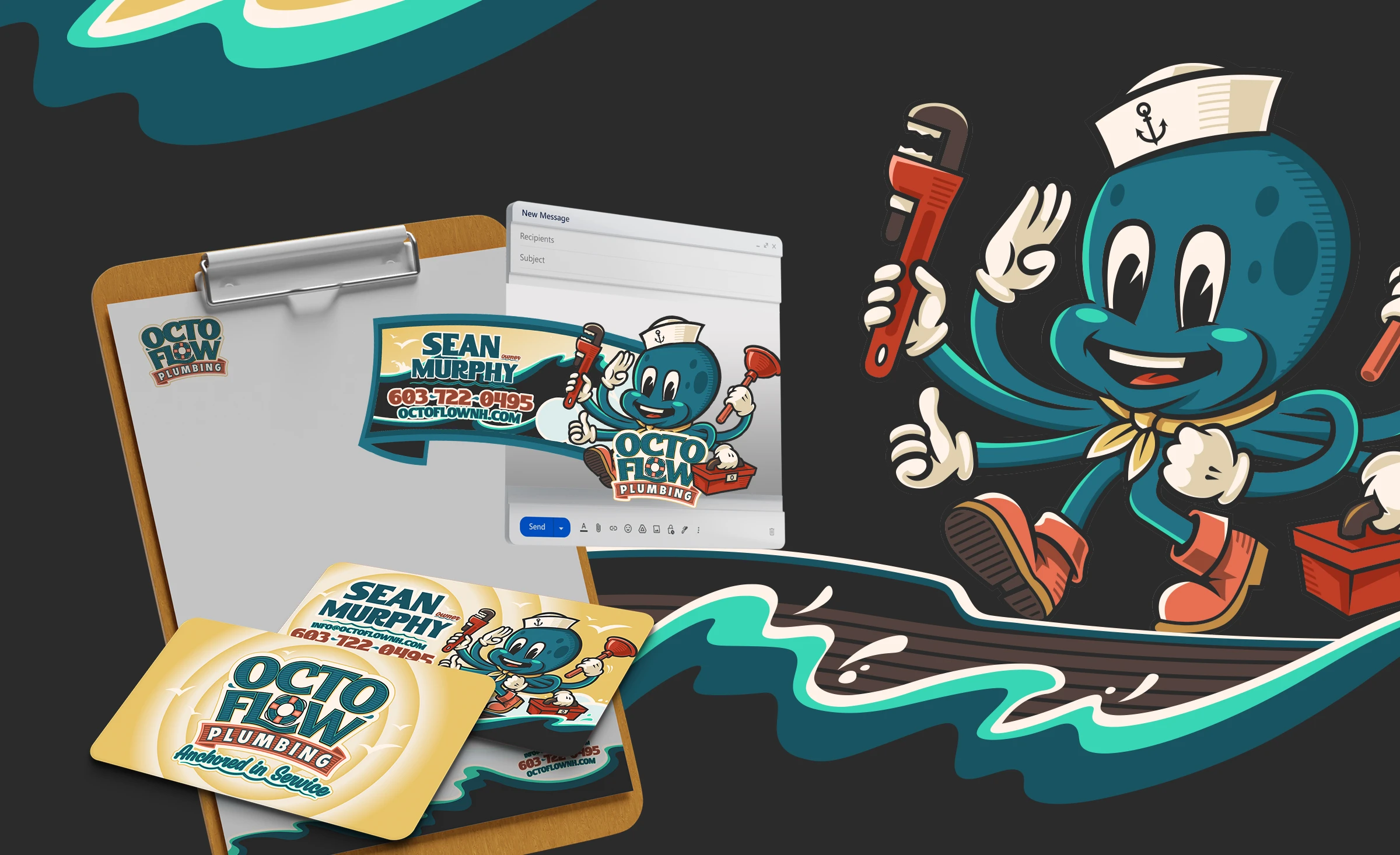 Octoflow Plumbing marketing materials including innovative business cards, email signatures, plumbing octopus mascot designed by Bananas Creative