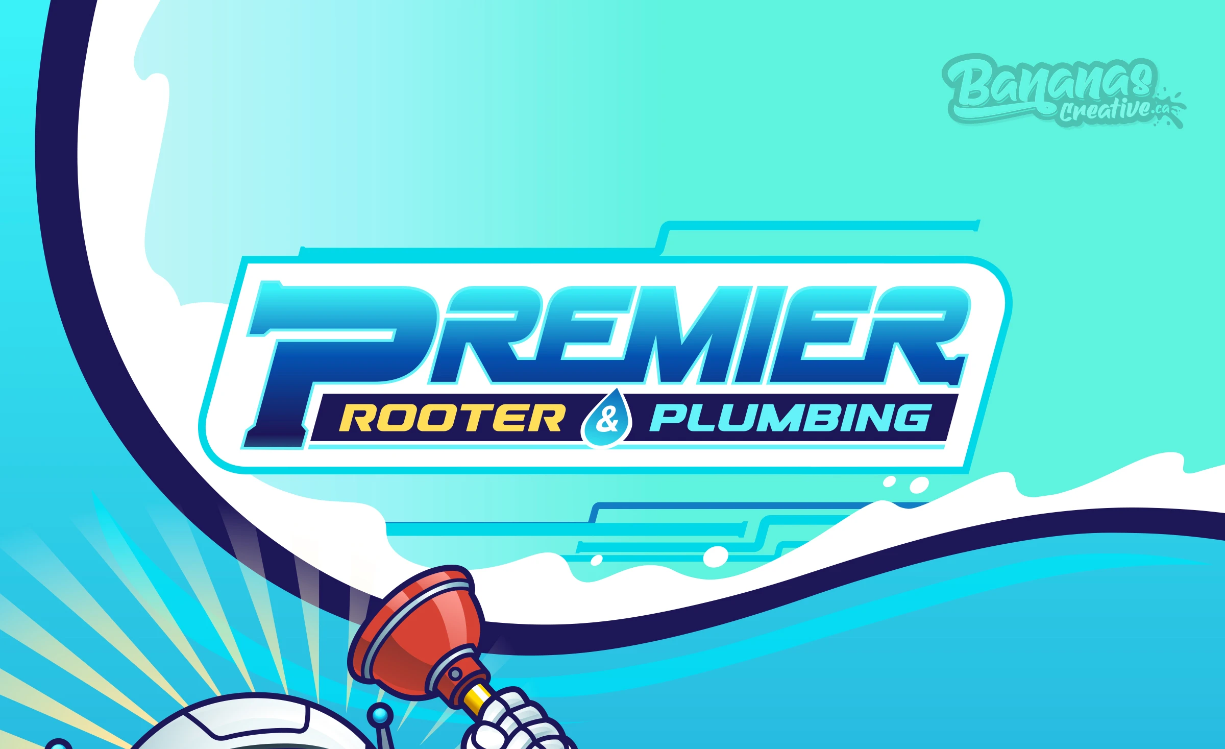 Premier Rooter & Plumbing logo in bold Horizon Drift typography, set in deep navy and electric teal with warm gold accents.