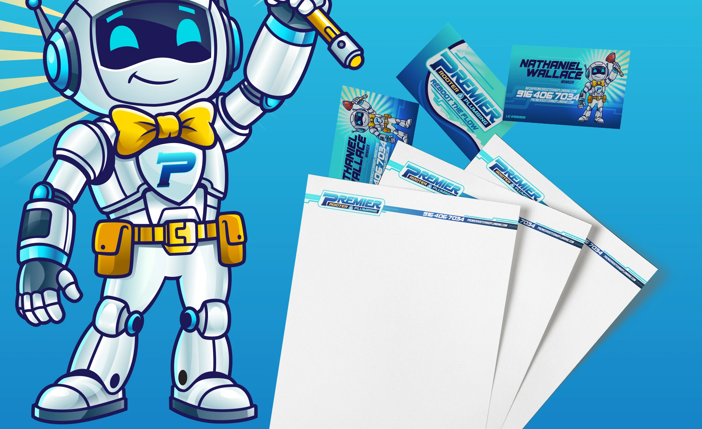 Premier Rooter & Plumbing business cards printed with the full brand colour palette (navy, teal, sky blue, and gold) showcasing the R-BOOT mascot, logo, and contact details for the Rocklin, CA location