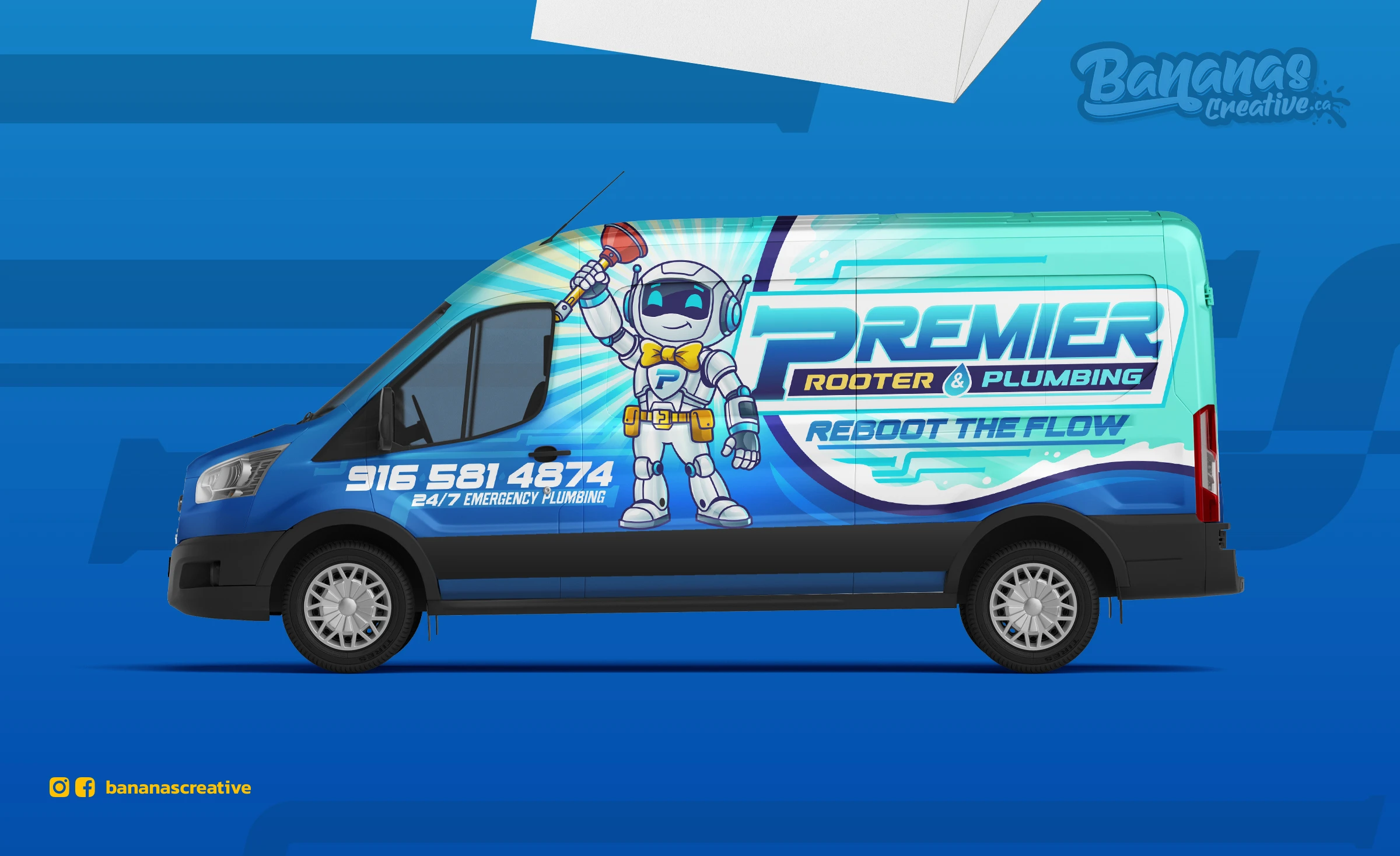 Premier Rooter & Plumbing service truck wrap in deep navy with electric teal and gold graphic elements, featuring the R-BOOT mascot prominently on the rear panel, the 'Reboot the Flow' tagline, and the Sacramento-area service number