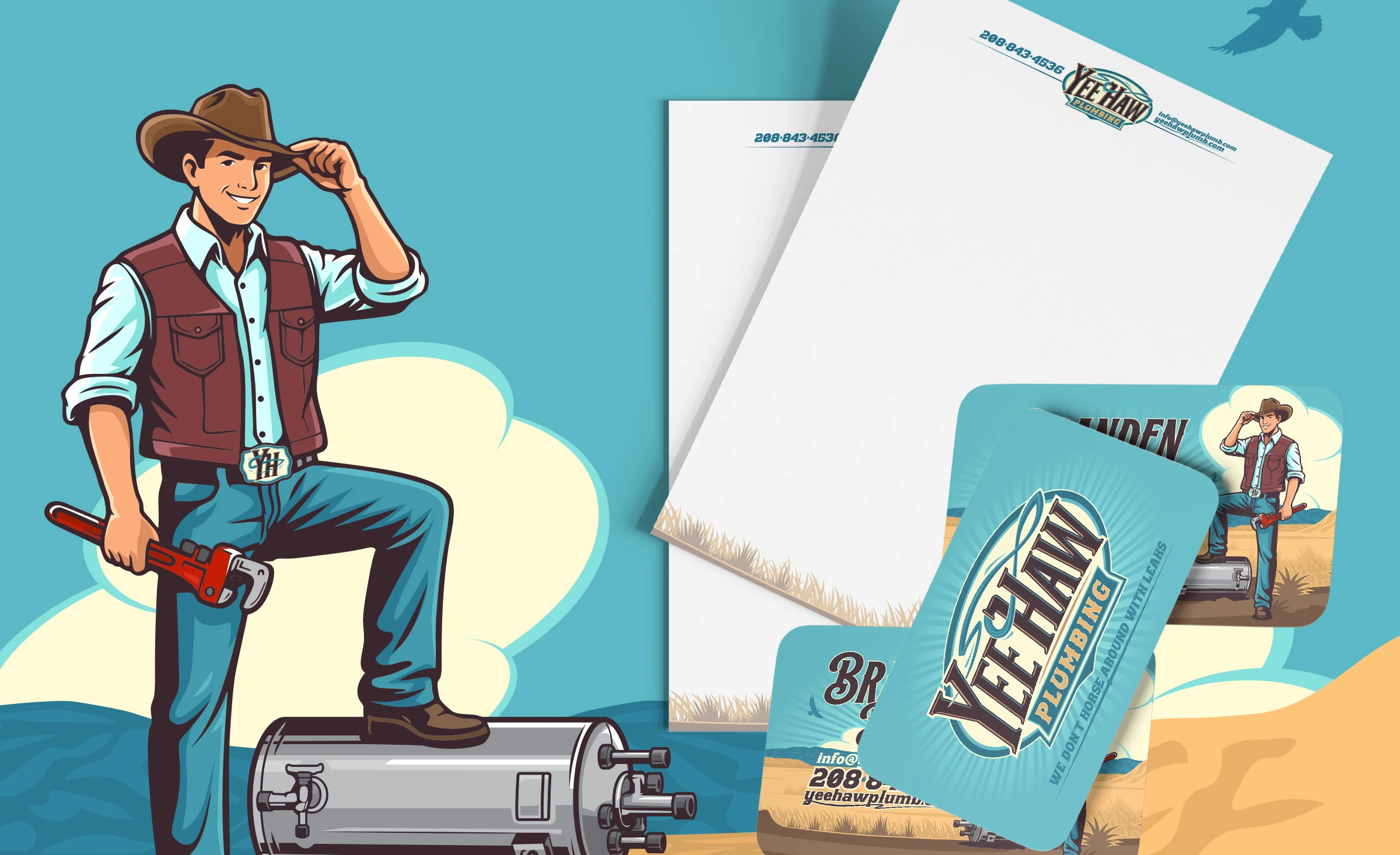 Yeehaw Plumbing printed marketing materials including letterhead and innovative business cards designed by Bananas Creative