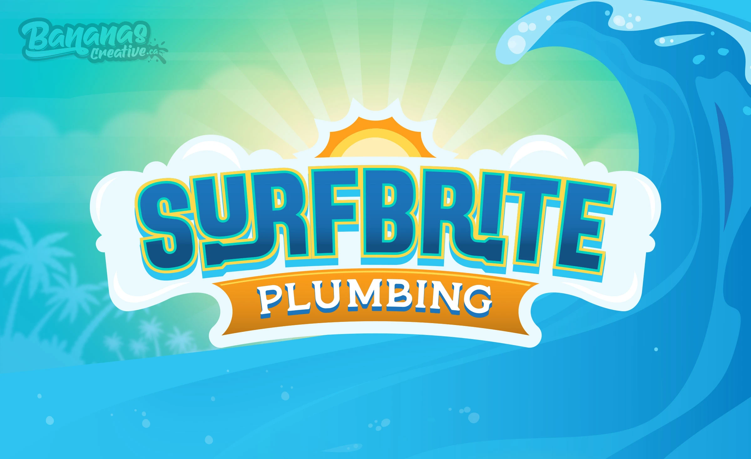SurfBrite Plumbing primary logo featuring the Surfbrite Sun mascot — a bold, circular sun character with sunglasses riding a pipe wrench, set in Sunshine Yellow and Sky Blue with charcoal outlines