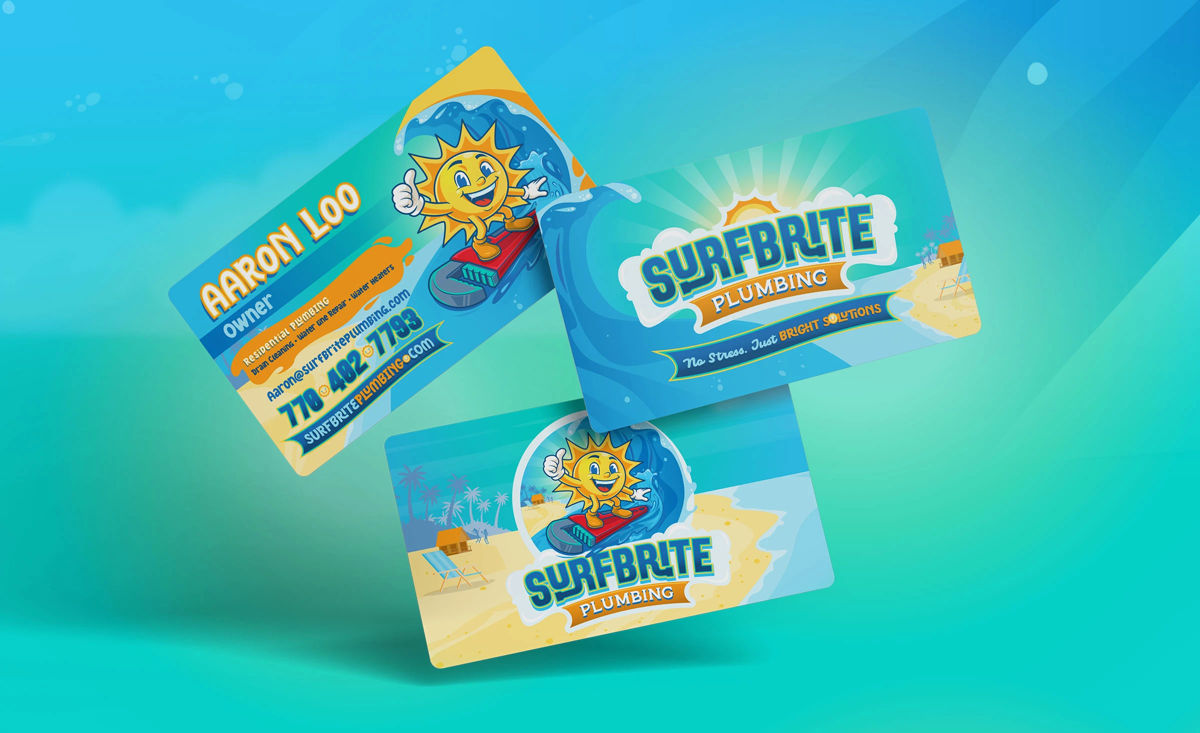 SurfBrite Plumbing double-sided business cards featuring the bold sun mascot on a deep charcoal background, with teal and yellow accent typography and clean contact layout