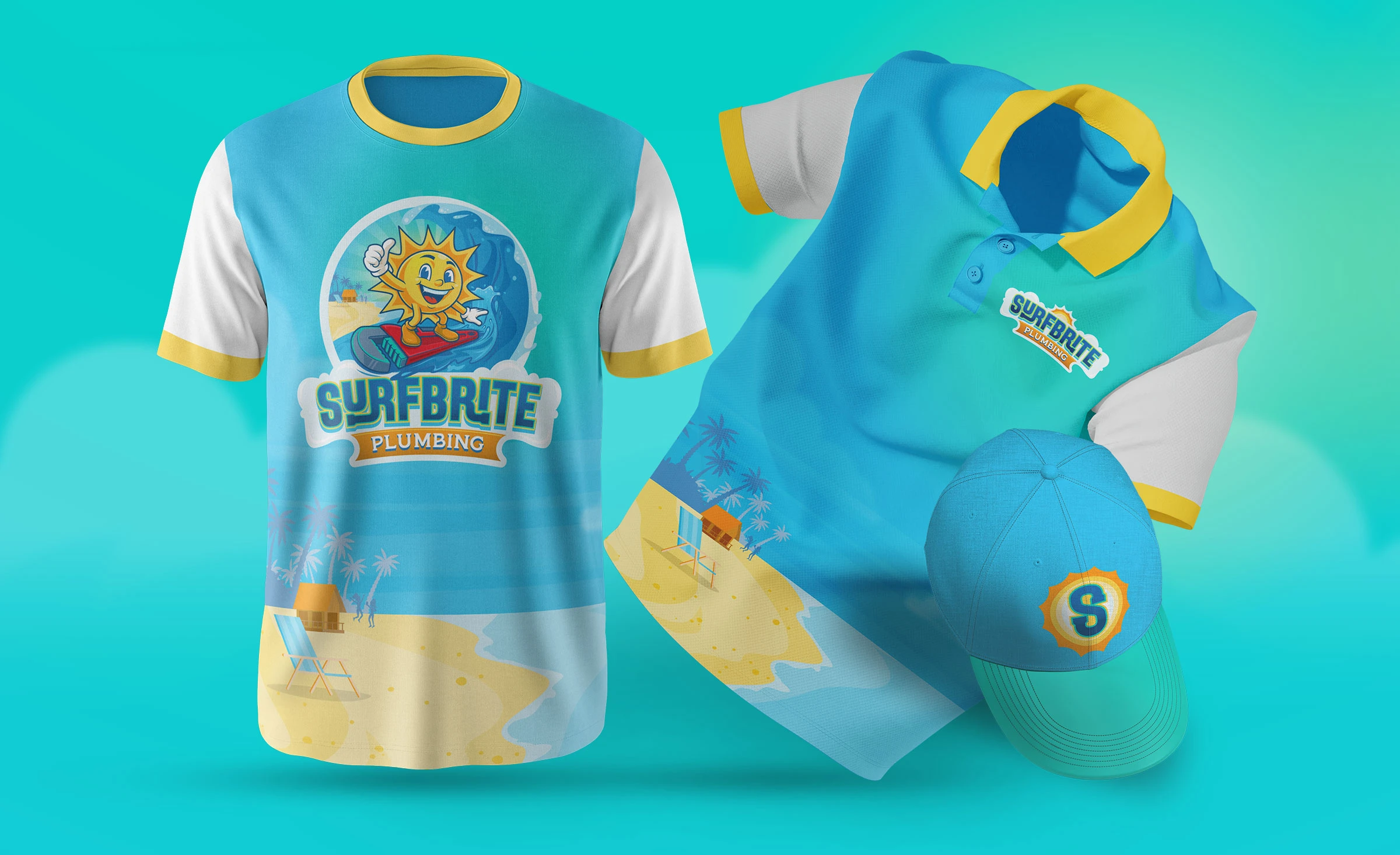  SurfBrite Plumbing branded teal cap and crew-neck t-shirt featuring embroidered and printed versions of the Surfbrite Sun logo in yellow and charcoal