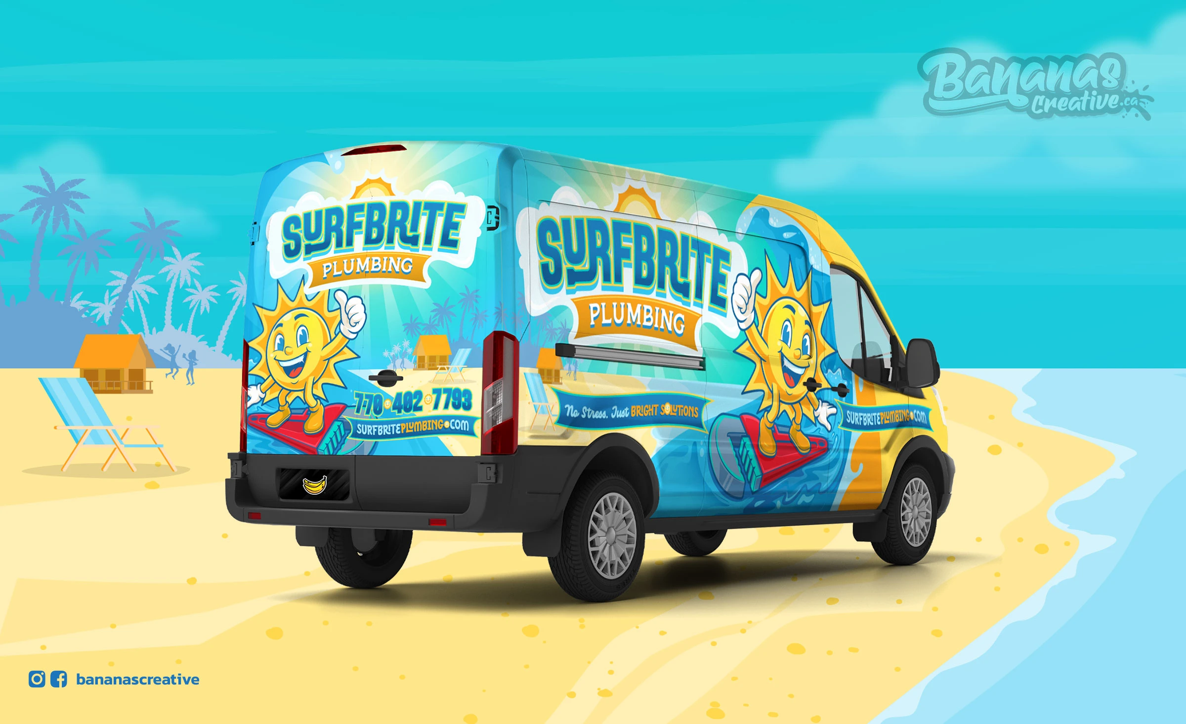SurfBrite Plumbing van wrap design in vibrant Sky Blue with bold Sunshine Yellow and Golden Orange typography, featuring the Surfbrite Sun mascot prominently on the rear panel and company contact details on the sides