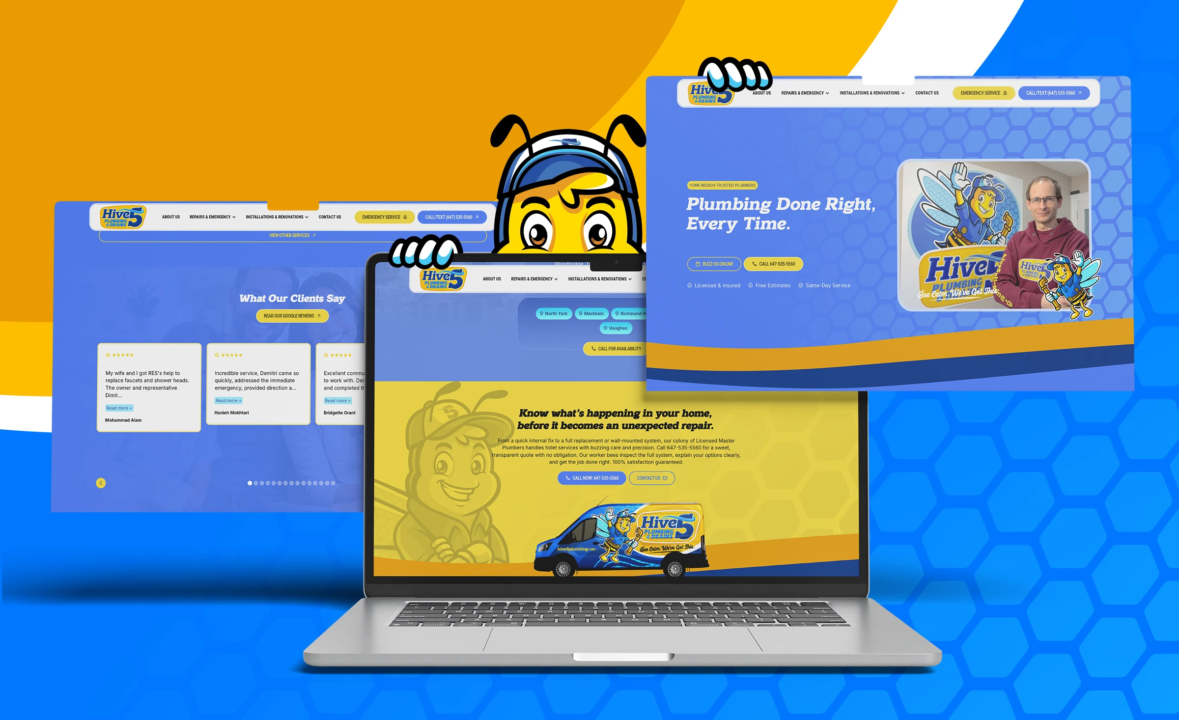 Hive 5 Plumbing & Drains service Website design and development featuring a custom mascot and bold branding system designed by Bananas Creative