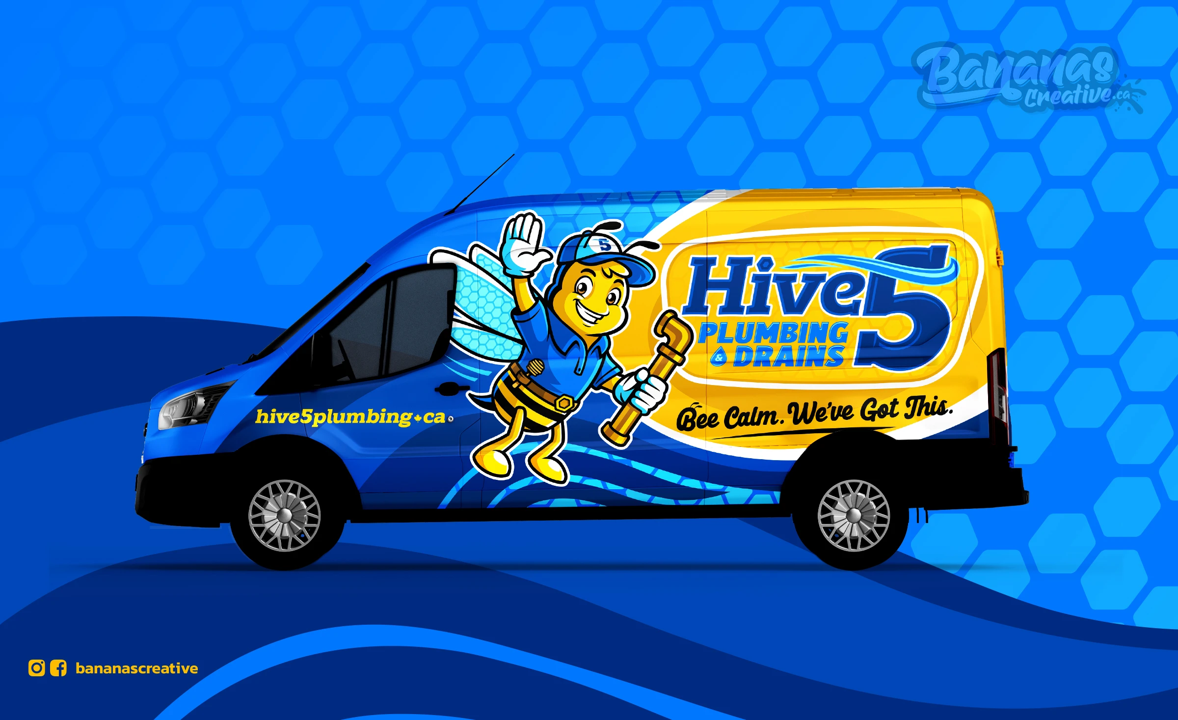 Hive 5 Plumbing & Drains service van featuring a custom mascot and bold branding system designed by Bananas Creative