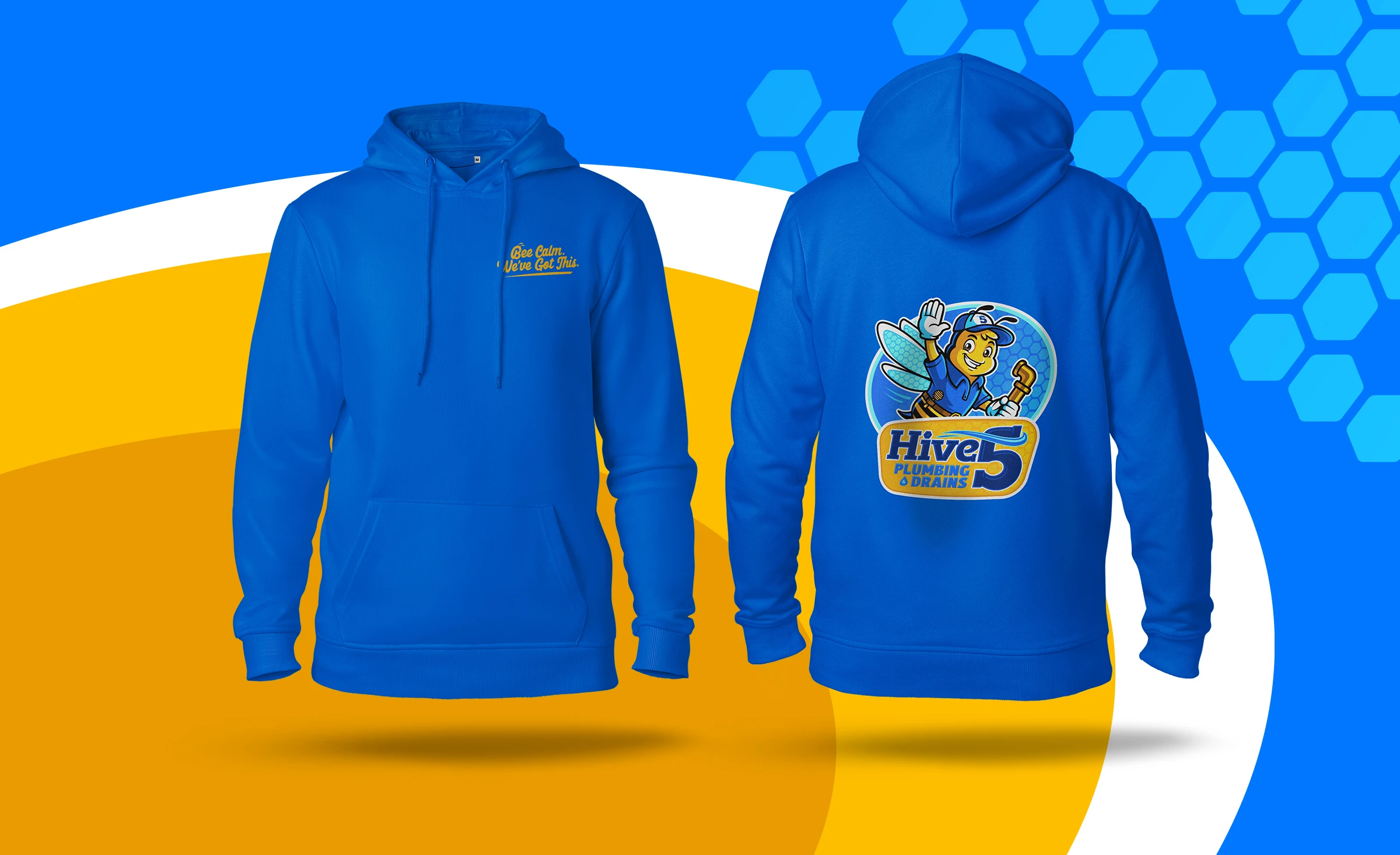 Branded hoodie and apparel for Hive 5 Plumbing & Drains designed as part of a complete branding system by Bananas Creative