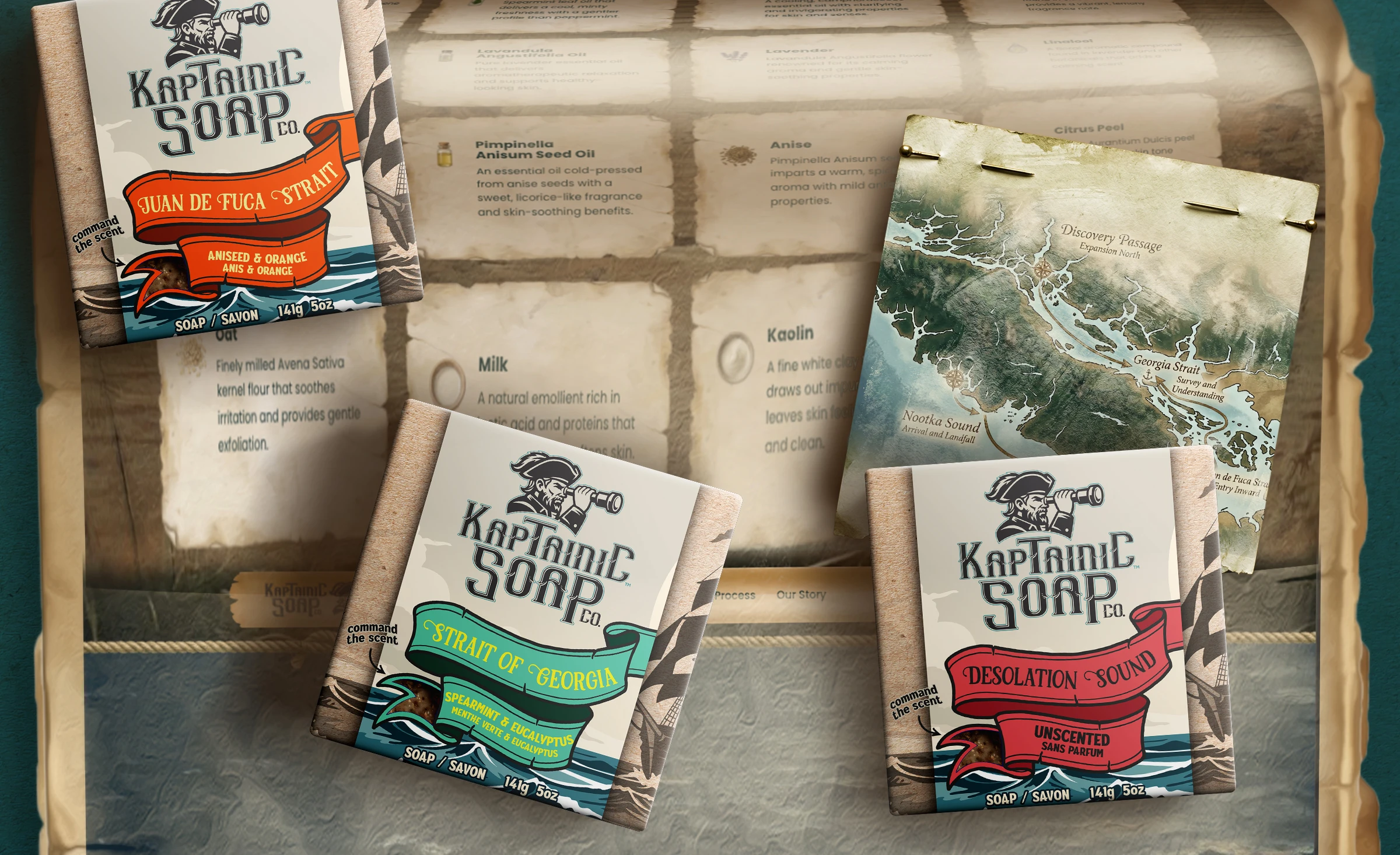 Custom soap packaging design with nautical storytelling and pirate captain mascot branding.