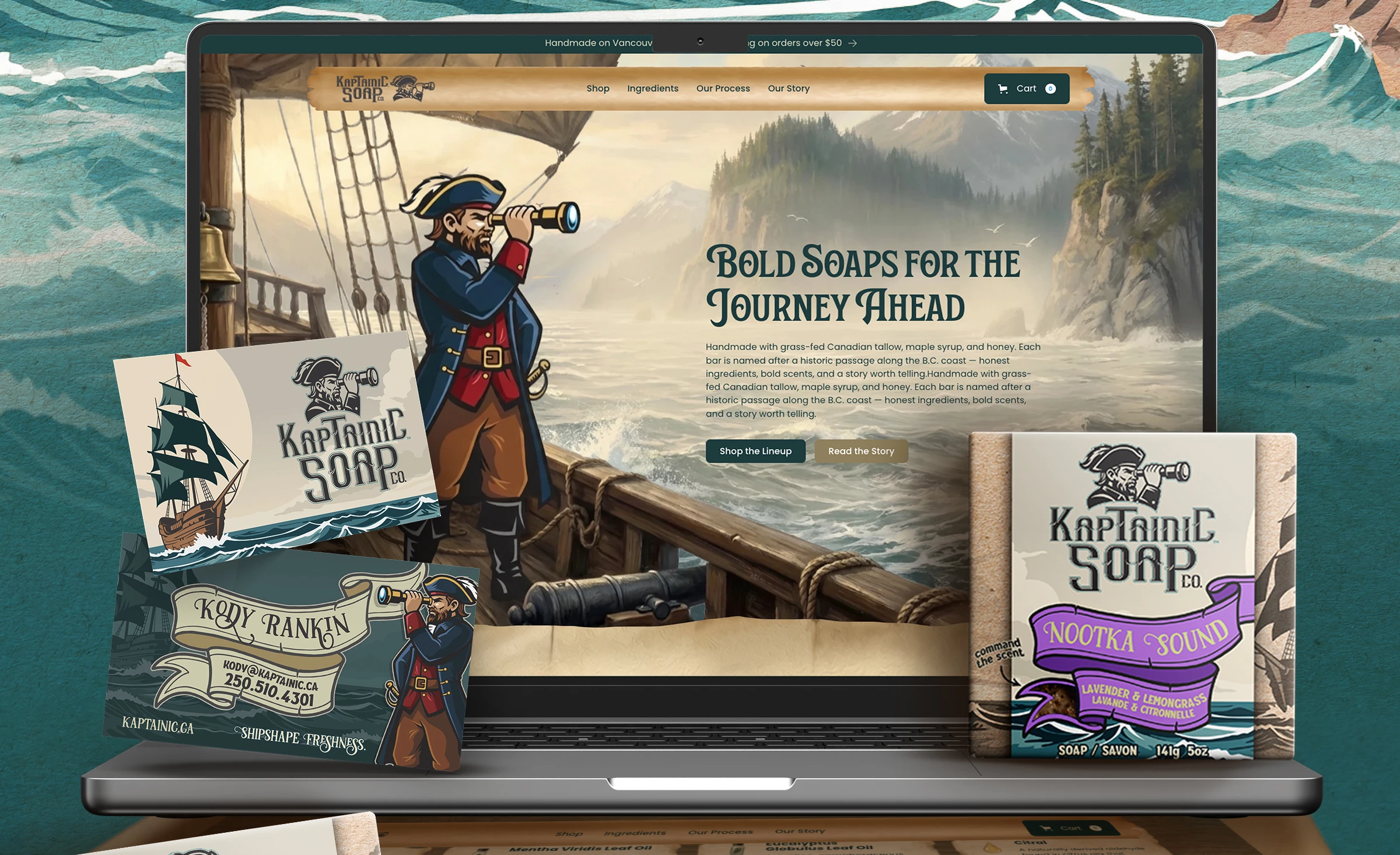 Branded business cards and apparel featuring Kaptainic Soap Co pirate mascot.