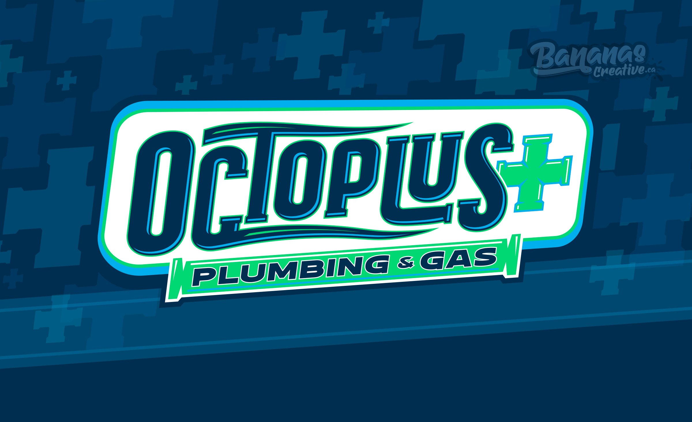 Octoplus+ Plumbing & Gas primary logo featuring a bold retro oval badge with a friendly blue octopus mascot wearing a green cap and holding plumbing tools, set against deep navy with turquoise and white typography
