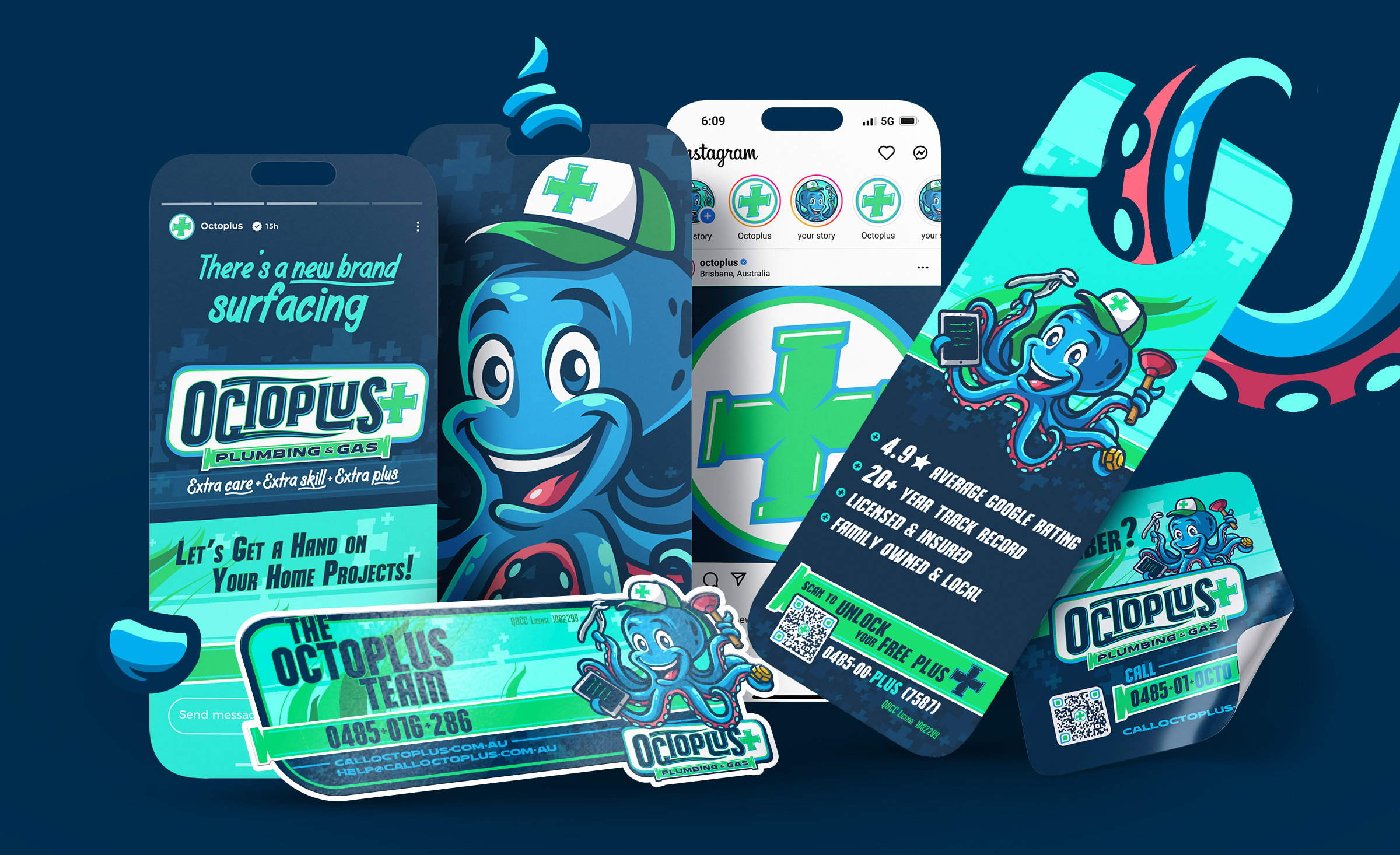 Octoplus+ Plumbing & Gas business cards in deep sea blue with turquoise accents, displaying the octopus mascot logo, bold Brightons Black Oblique typography, and clean white contact information