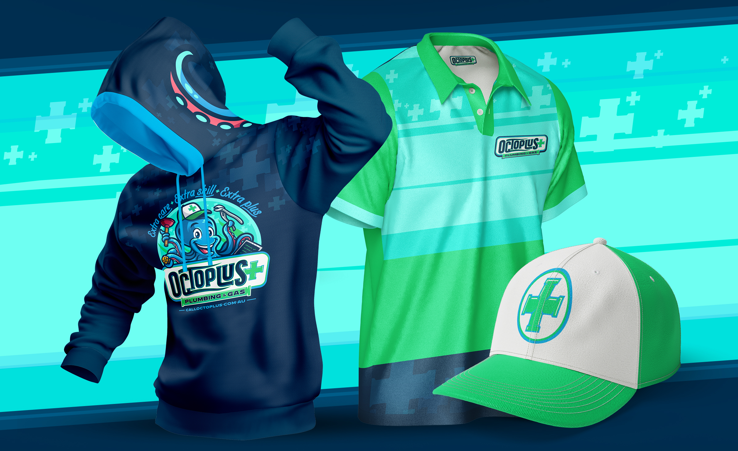 Forest green crew-neck t-shirt featuring the Octoplus+ mascot graphic in bold vector illustration style, part of the Brisbane Plumbing & Gas branded uniform collection