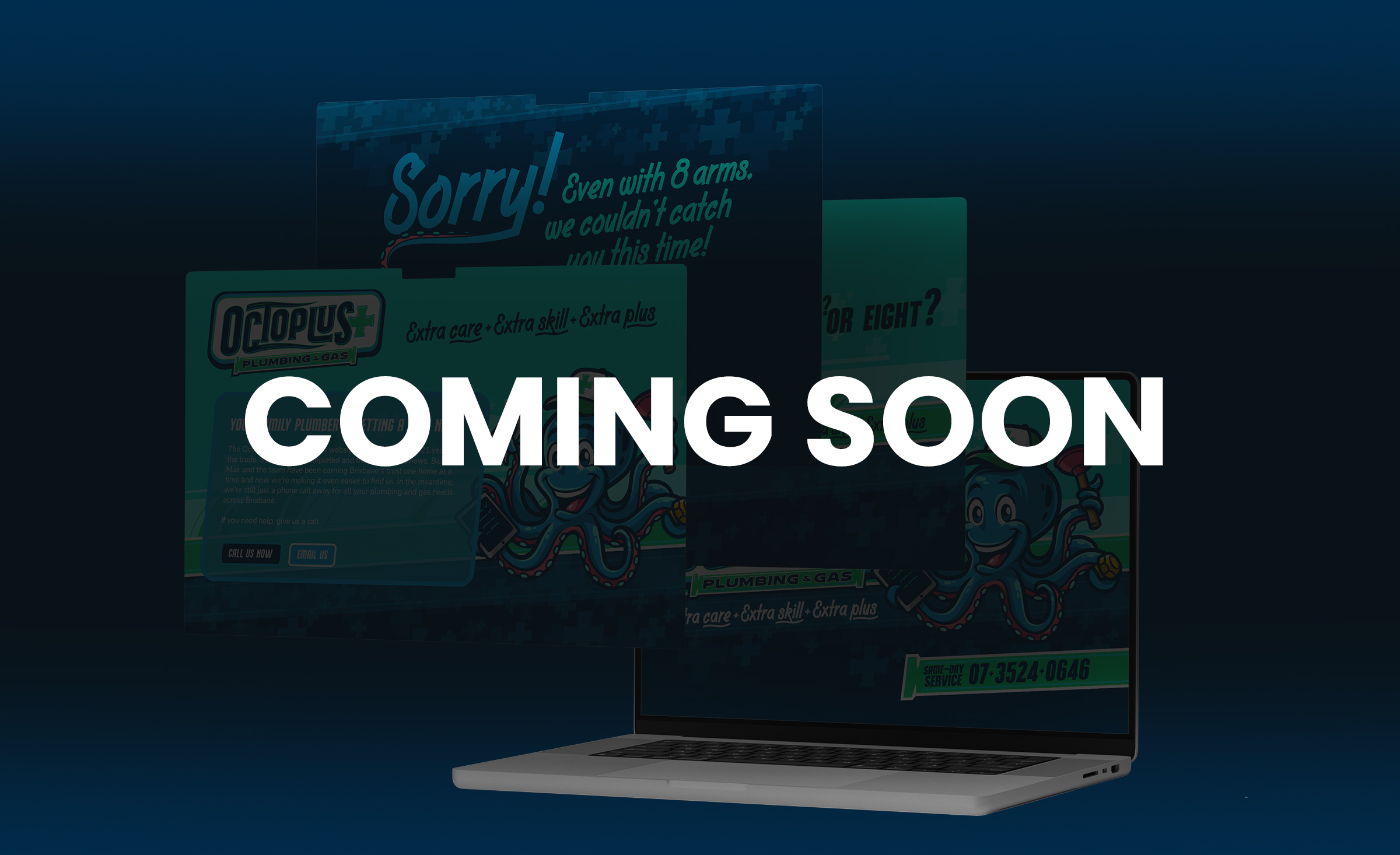 Octoplus+ Plumbing & Gas website homepage hero section with deep navy background, bold Brightons Black Oblique headline, turquoise call-to-action button, and the octopus mascot illustration anchoring the right side