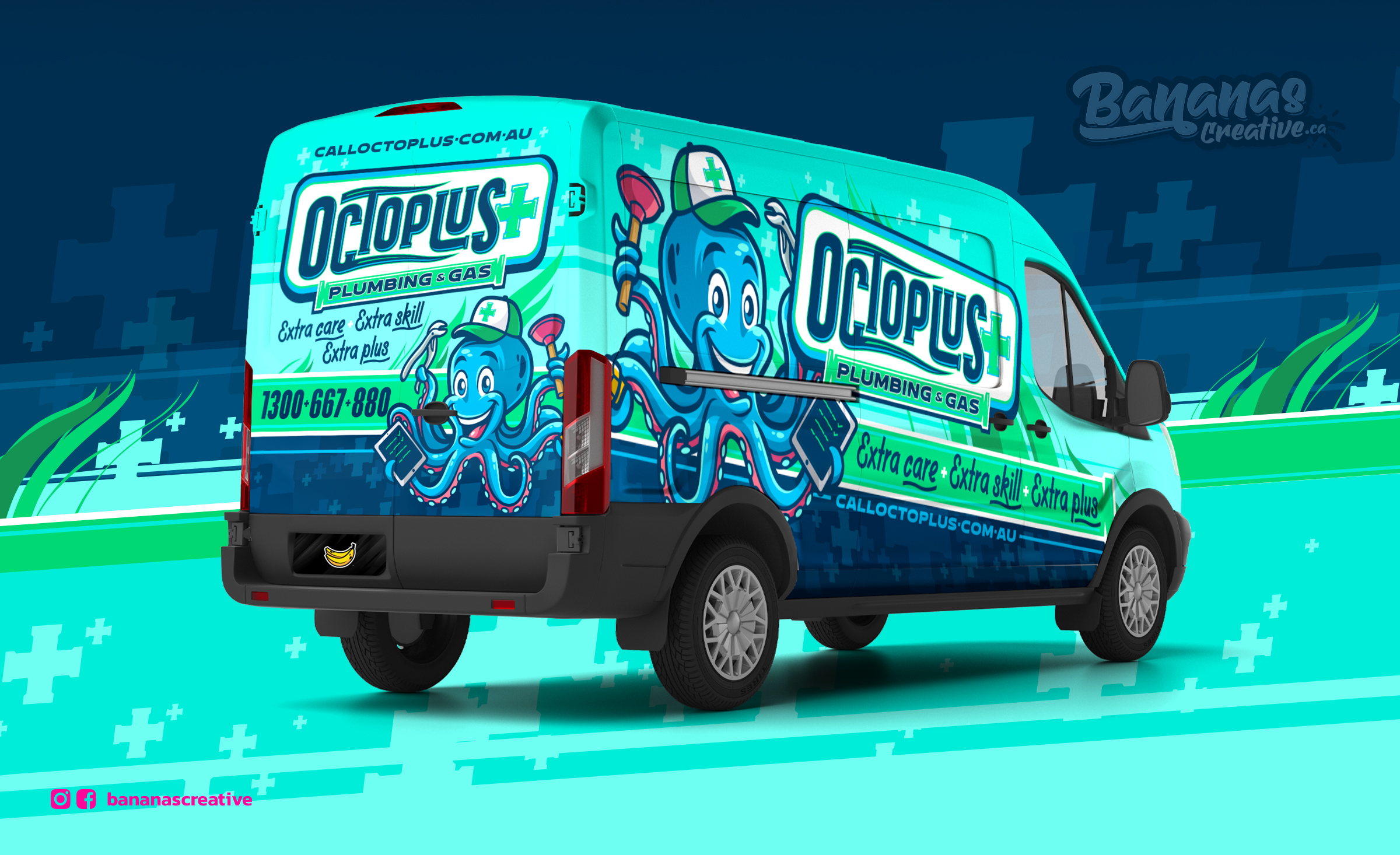 Octoplus Plumbing & Gas service van wrapped in vibrant turquoise and deep navy blue, featuring the Octoplus+ mascot, bold white typography, and contact details across the panels