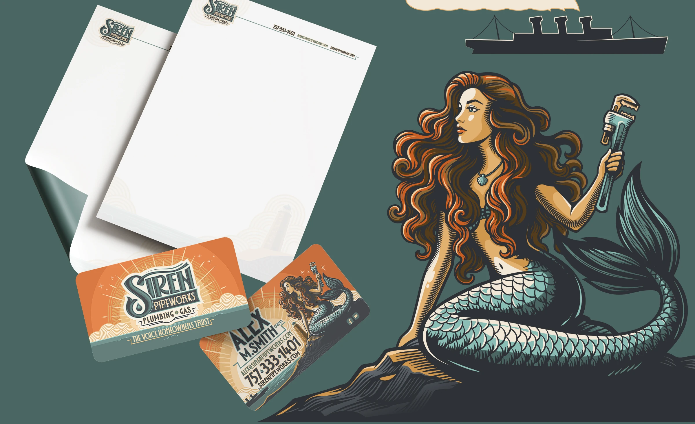 Siren Pipeworks Plumbing and Gas printed marketing materials including innovative business cards, brochures, stickers, sublimated t-shirts and valve tags designed by Bananas Creative