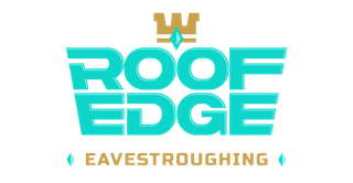 Roof Edge Eavestroughing primary logo featuring The Edge Lion mascot holding a gutter section, rendered in Tiffany Blue and gold on a deep charcoal background, with bold MORNA typography