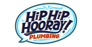Hip Hip Hooray Plumbing primary logo set in warm orange and deep navy blue with bold Fuzamic display typography