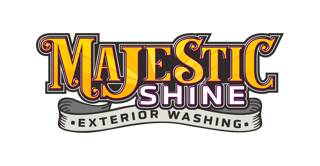 Majestic Shine Exterior Washing logo centred on a Royal Amethyst background with Crown Gold lettering and decorative serif details