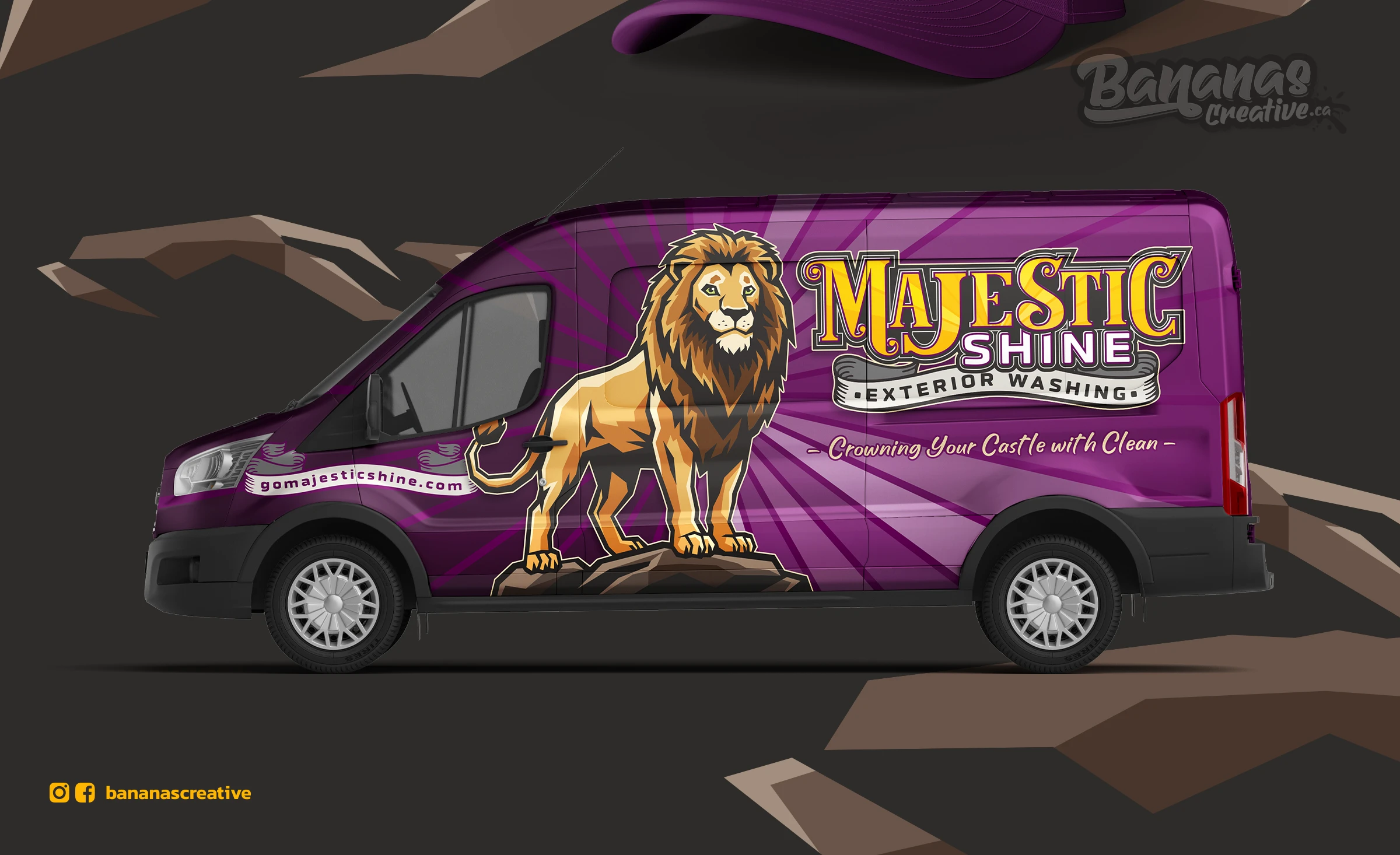 Majestic Shine Exterior Washing service van wrapped in deep Royal Amethyst with the illustrated Regis lion mascot and Crown Gold typography on the side panel