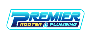Premier Rooter & Plumbing logo in bold Horizon Drift typography, set in deep navy and electric teal with warm gold accents.