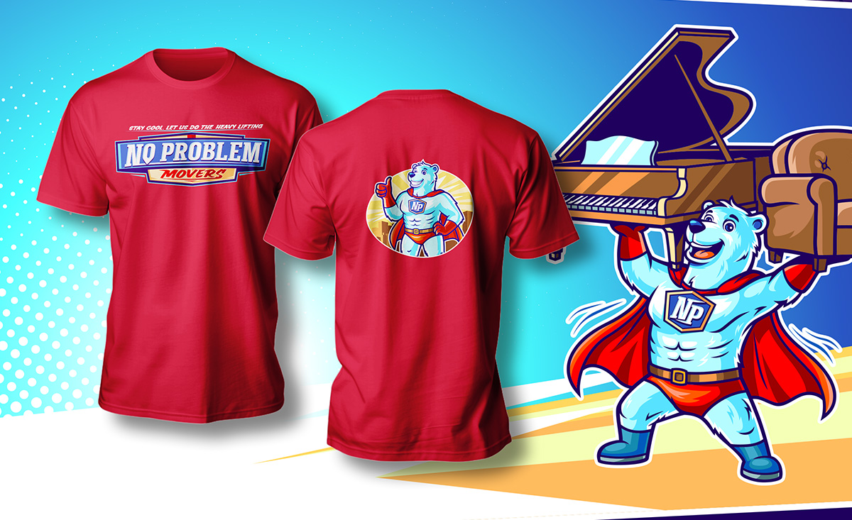 No Problem Movers branded crew apparel including a red t-shirt and purple hoodie featuring Chillbert the Polar Bear mascot, reinforcing team identity and brand consistency on every job site.