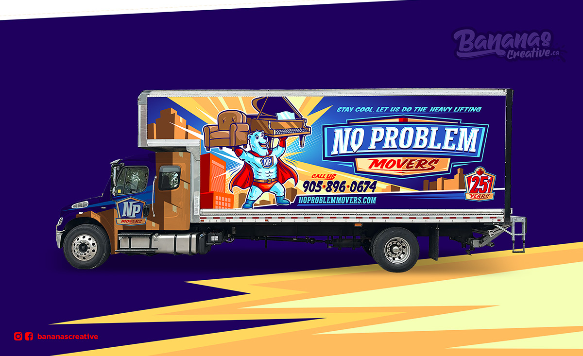 No Problem Movers branded moving van wrap featuring Chillbert the Polar Bear mascot in a relaxed pose carrying a box, set against a high-contrast indigo, coral, and icy blue colour scheme with retro-cartoon graphic energy and the tagline 'Pack. Move. Chill. No Problem.'