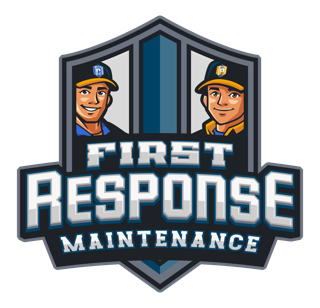 First Response Maintenance shield-shaped primary logo in midnight navy and safety amber, featuring bold condensed typography and a structured heraldic emblem that communicates tactical professionalism