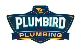 Plumbird Plumbing logo on dark background, bold teal wordmark in Hilorph typeface