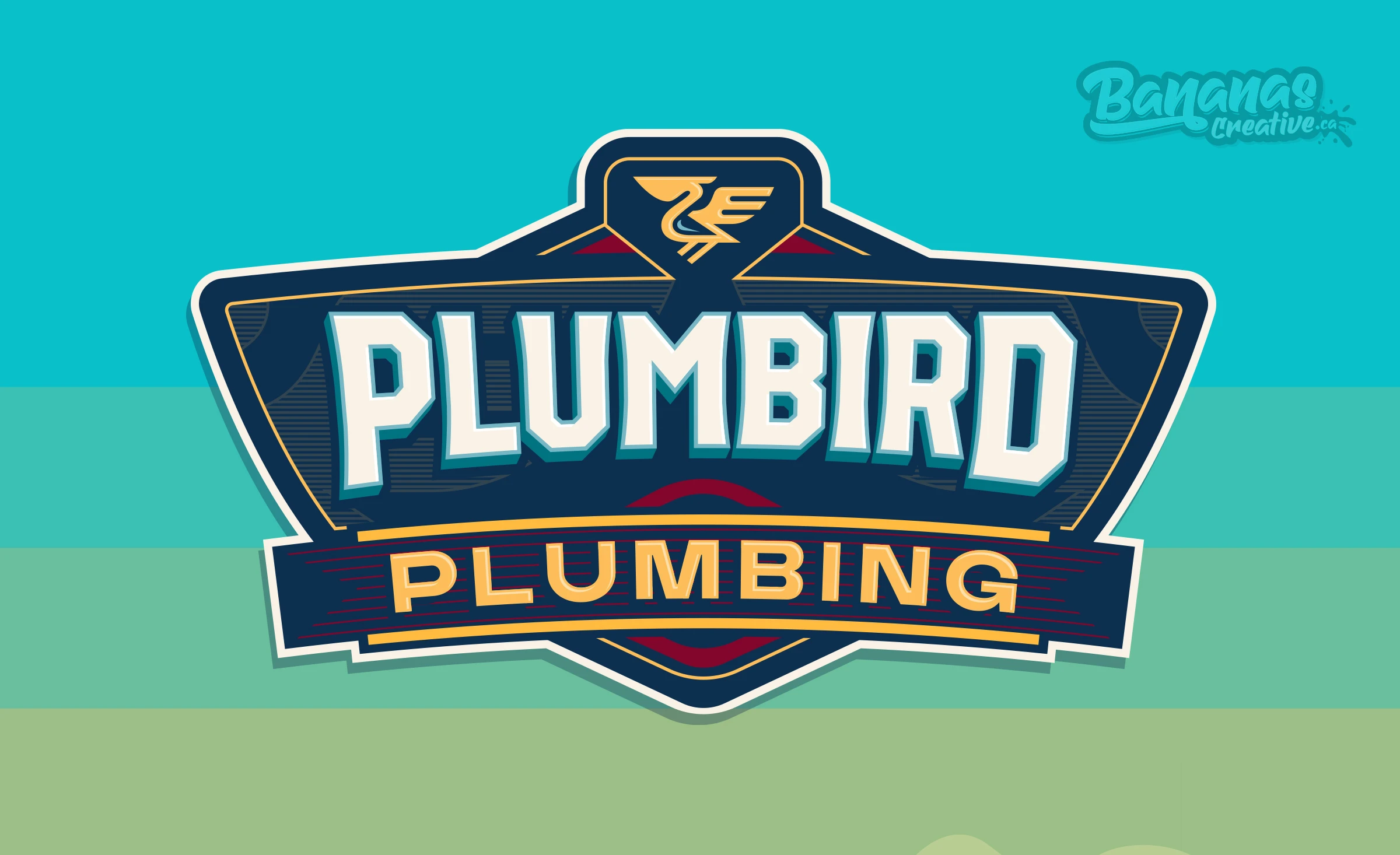 Plumbird Plumbing logo on dark background, bold teal wordmark in Hilorph typeface