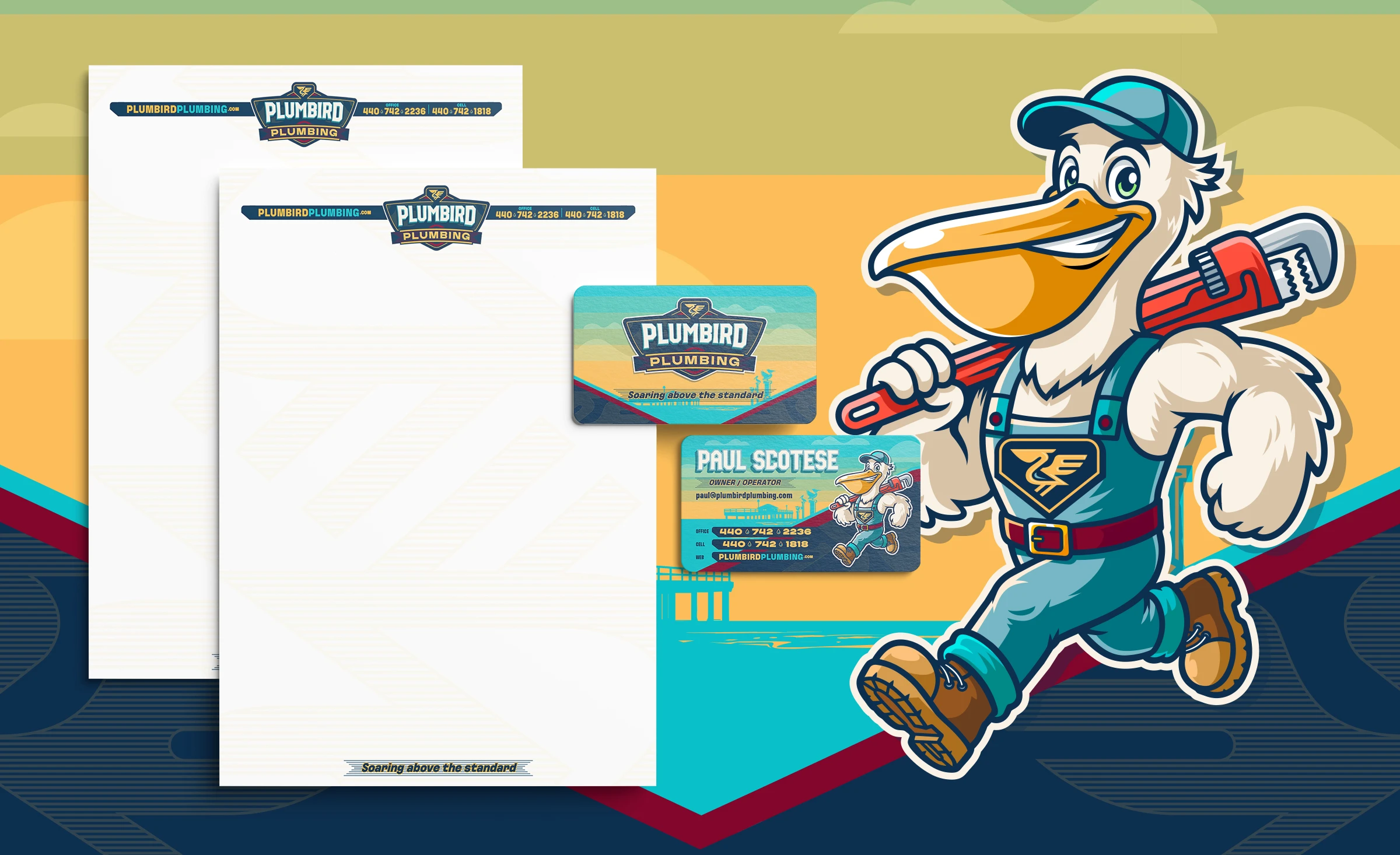 Set of Plumbird Plumbing business cards and letterhead design in vibrant Harbour Teal, Friendly Coral, and Sunshine Gold colourways, printed with the Splash mascot and Hilorph typeface branding