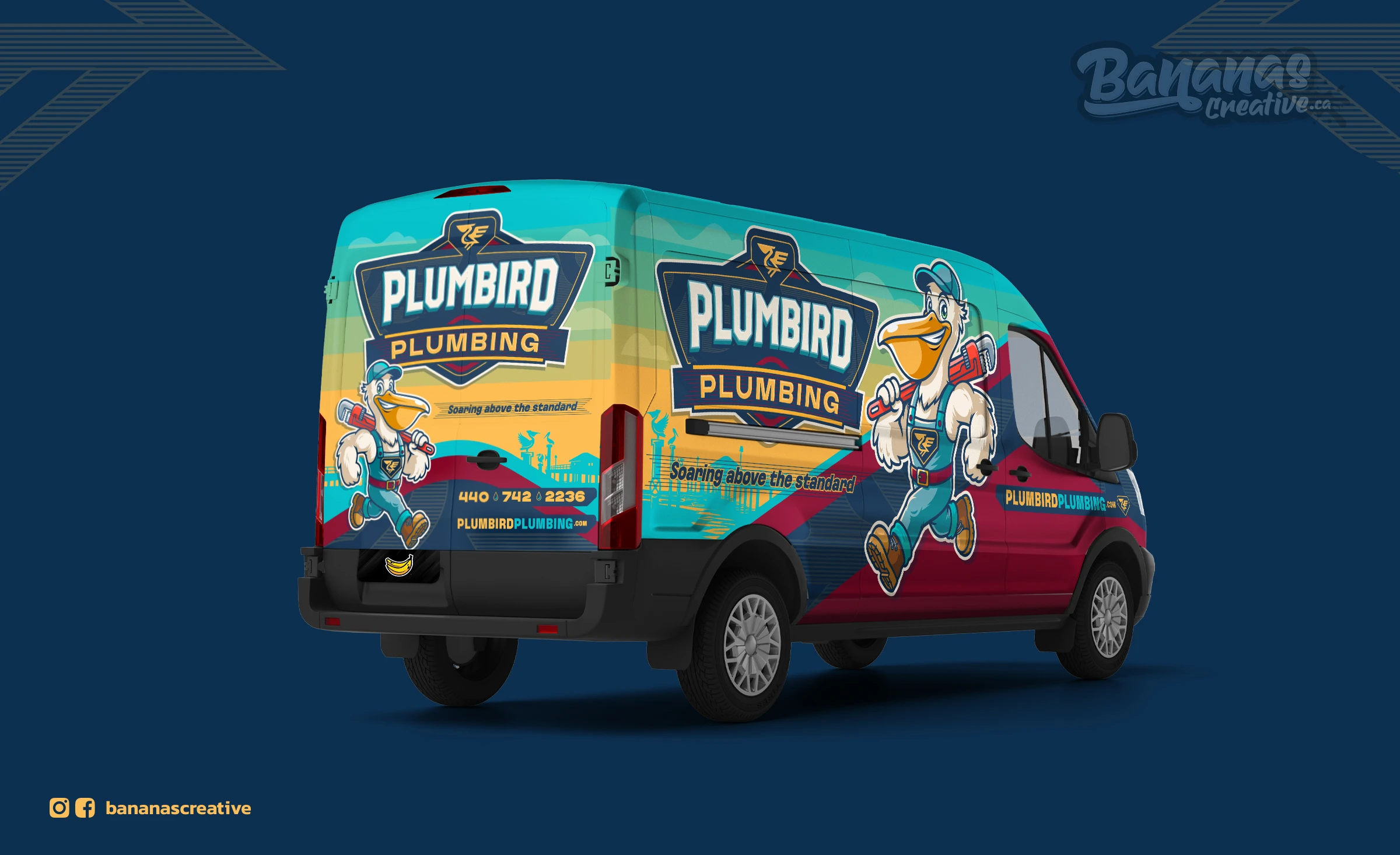 Plumbird Plumbing van wrap in Harbour Teal and burgundy featuring a large-scale illustration of Splash the pelican mascot, bold gold logo lettering, and contact information across the full vehicle body