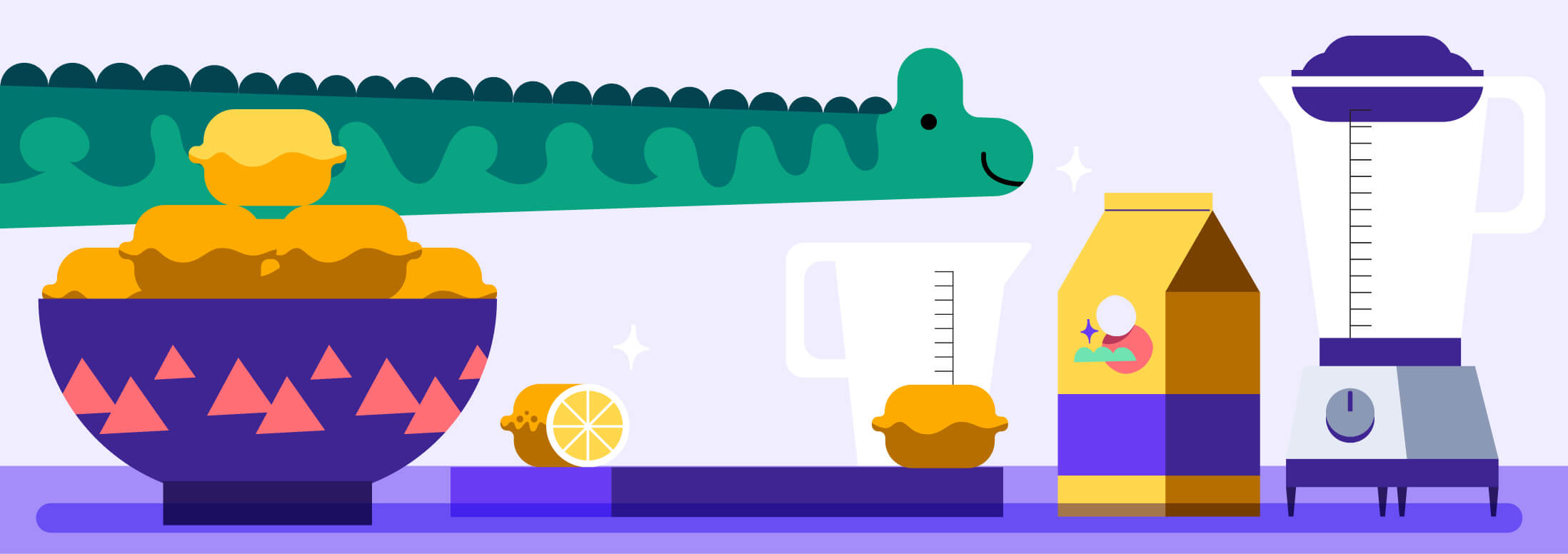Dinosaur preparing ingredients for lemonade with blender
