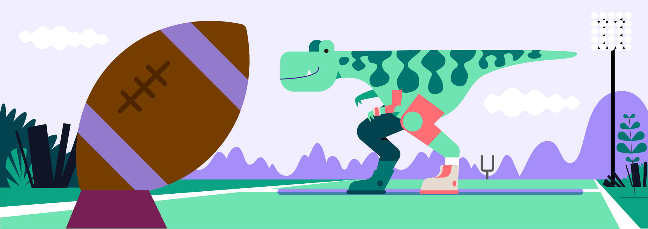 Dinosaur quarterback and football illustration on field