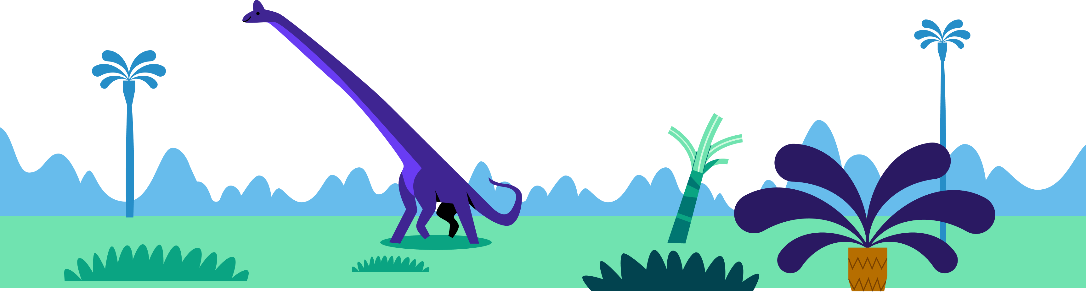 An llustration of a dinosaur in a field, with some trees and mountains on the horizon