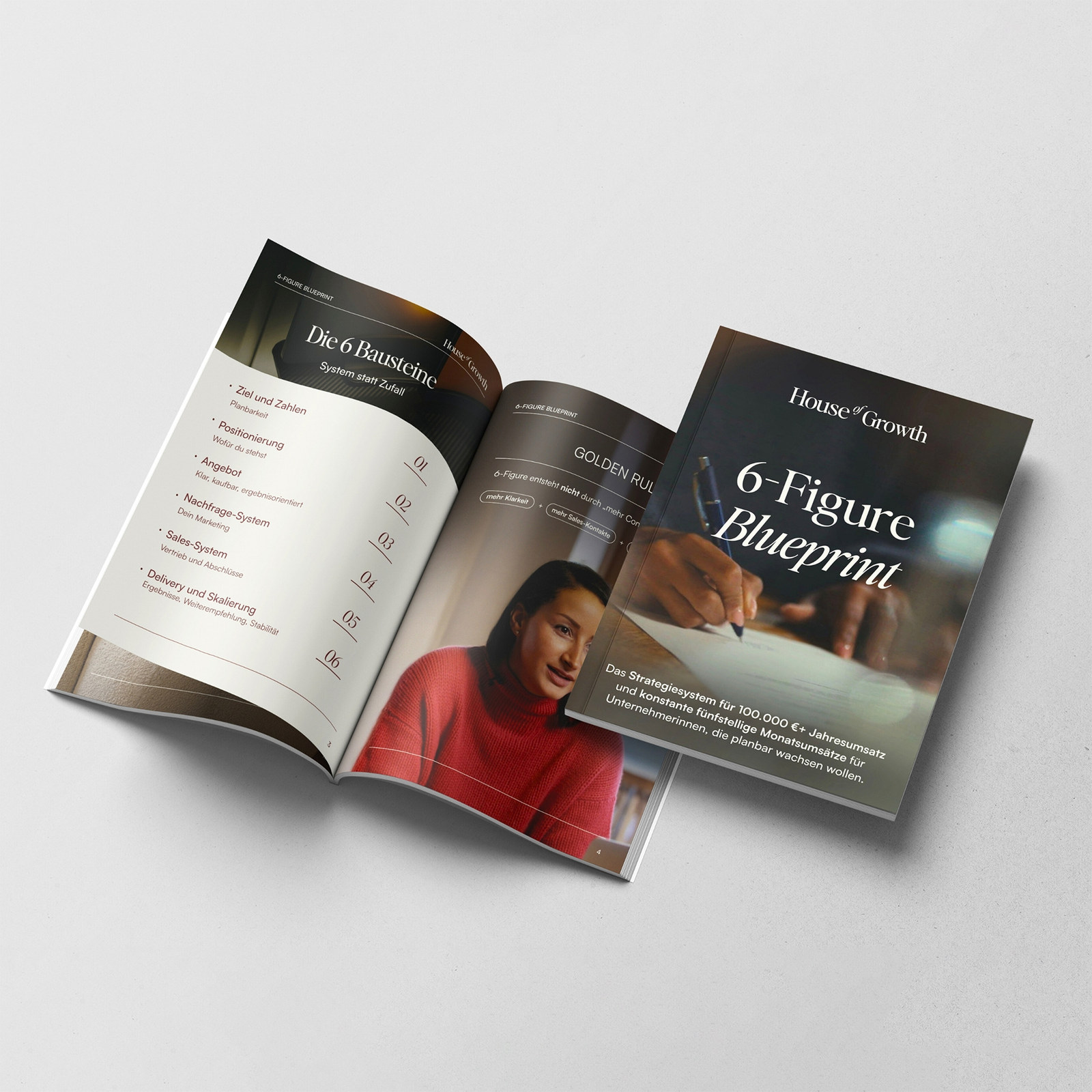 Aufgeschlagenes E-Book „6-Figure Blueprint“ im Markenauftritt von House of Growth