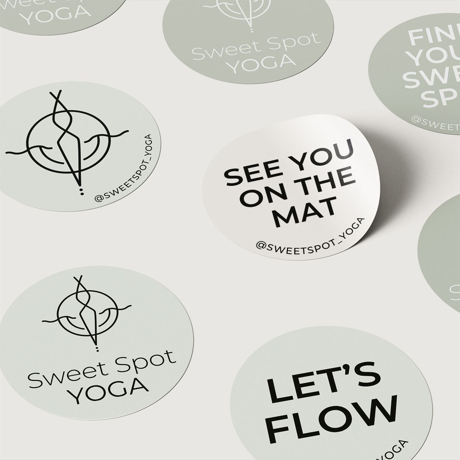 Round Sweet Spot Yoga stickers with the logo and sayings such as “See you on the mat”