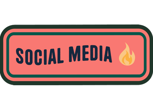 A rectangular pink badge with dark green borders featuring the text 'SOCIAL MEDIA' and a flame icon.