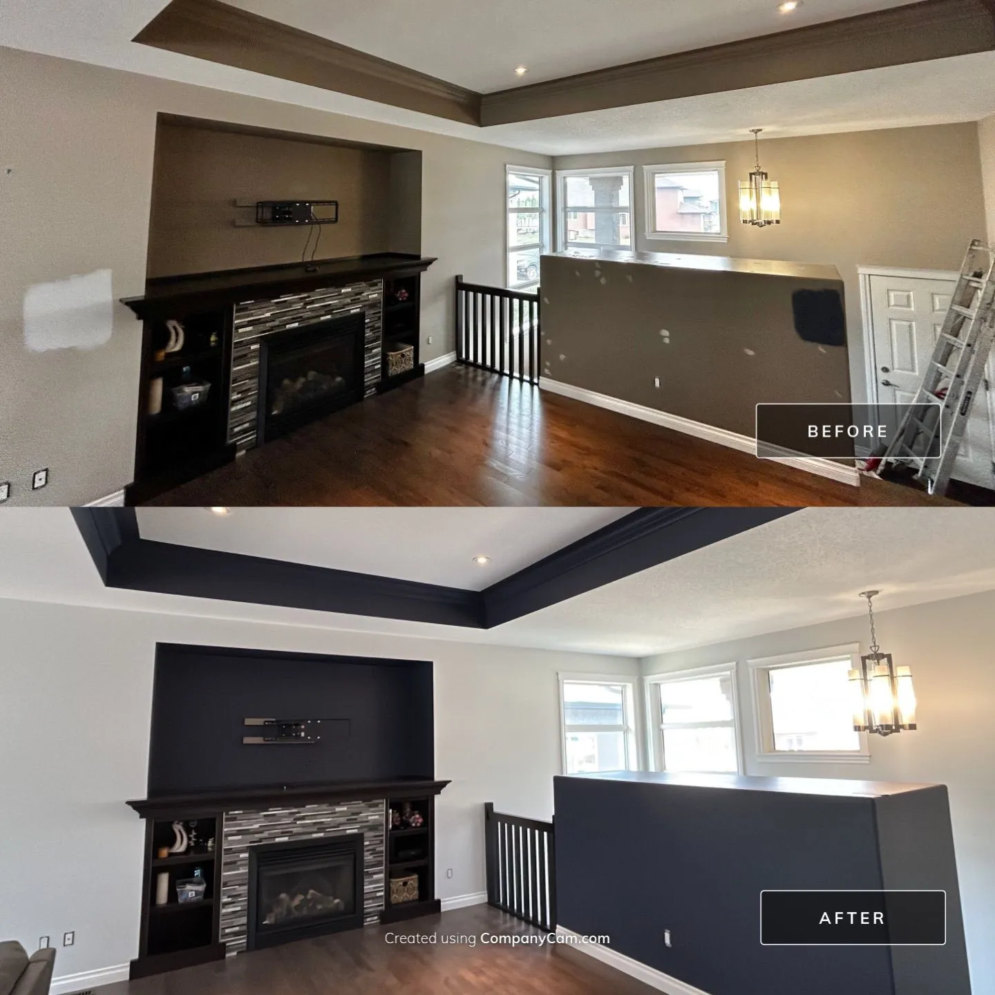 Before and after of a living room repainted by Pro Works Painting