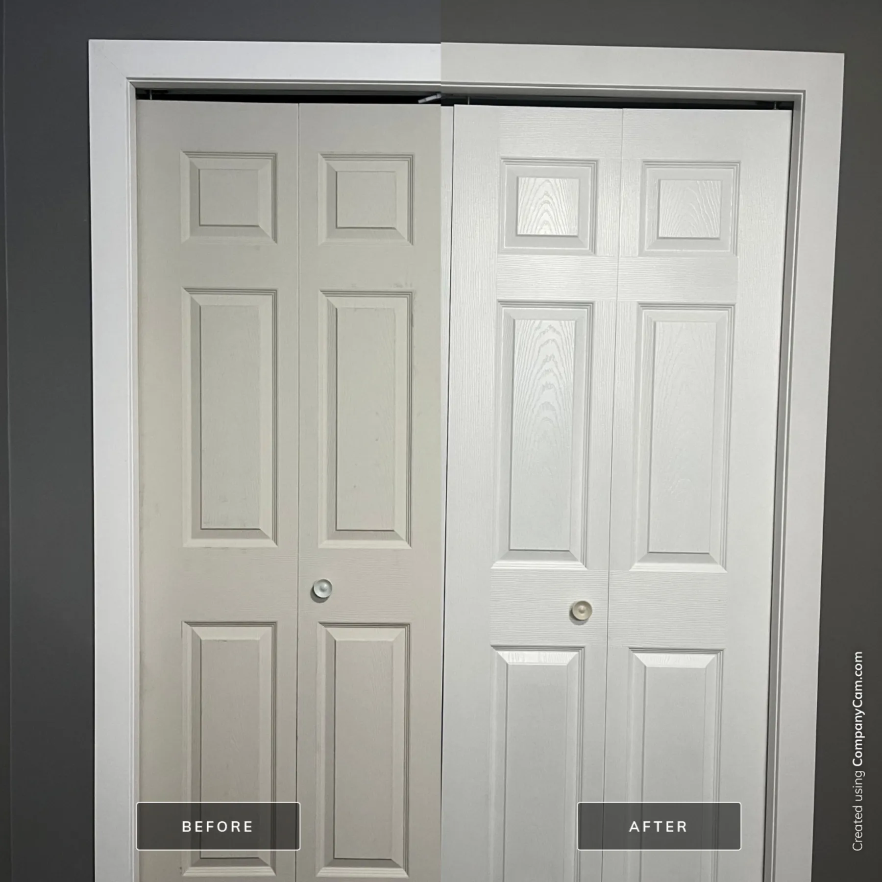 Before and after of closet doors repainted white