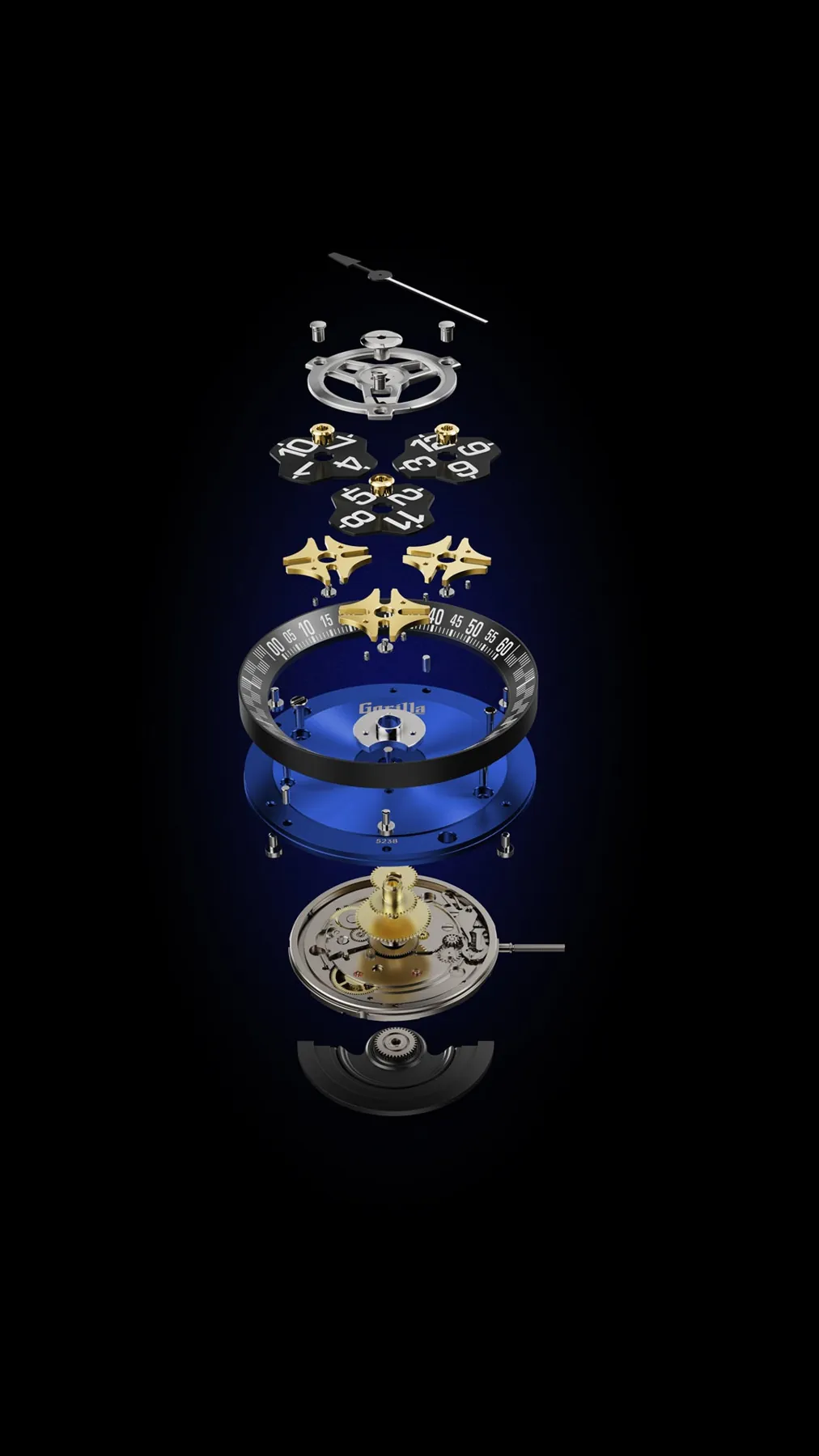 Exploded view of a Gorilla Outlaw Drift watch movement