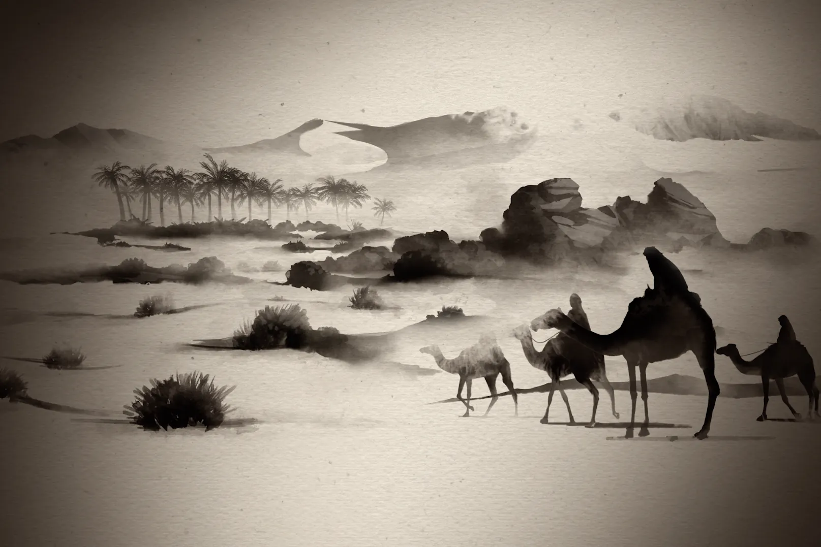 Ink-style desert scene with camels from an ngx interactive installation
